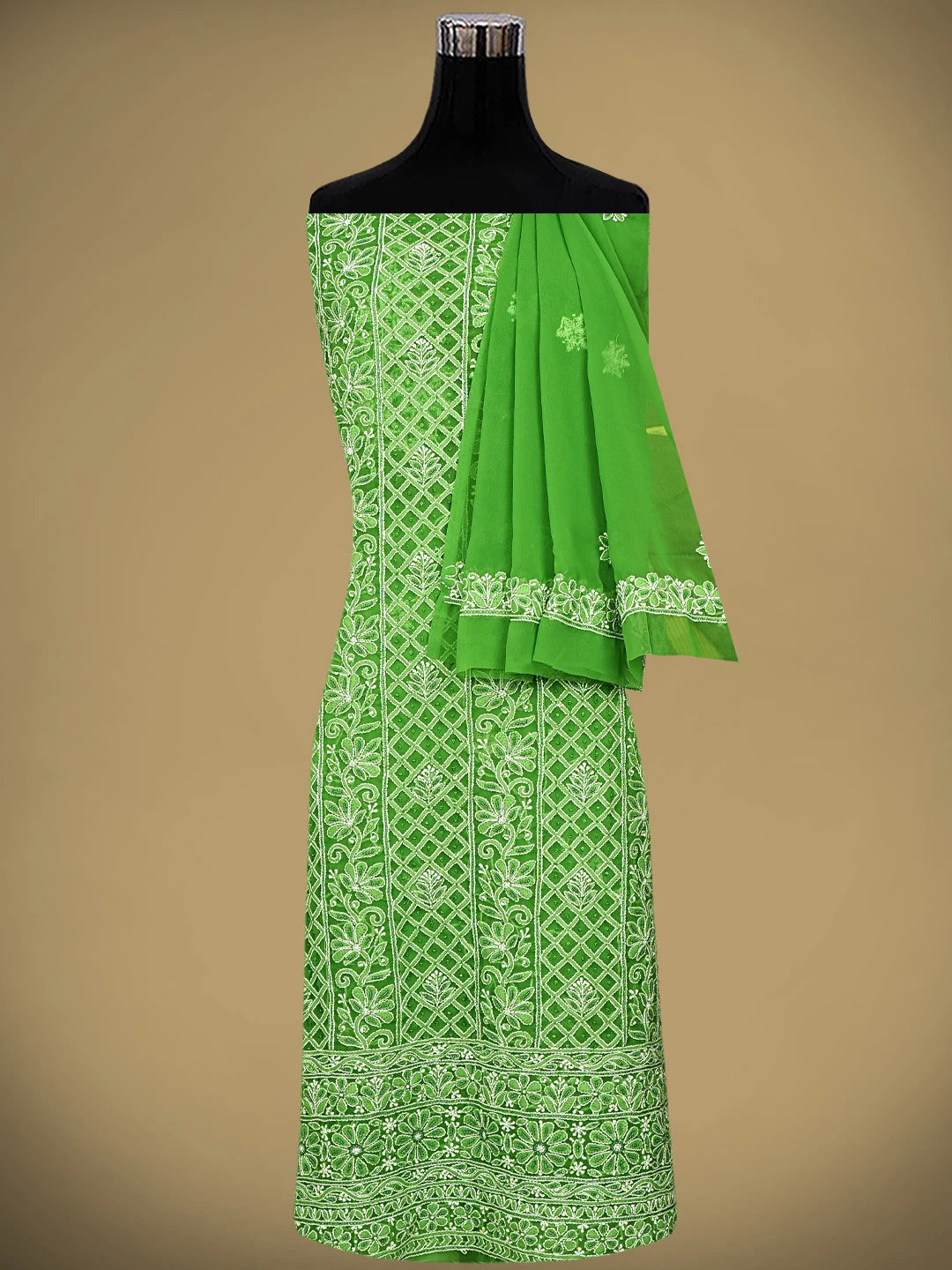 Ada Hand Embroidered Green Georgette Lucknowi Chikankari Unstitched Suit Piece With Pearl Work 01A834846