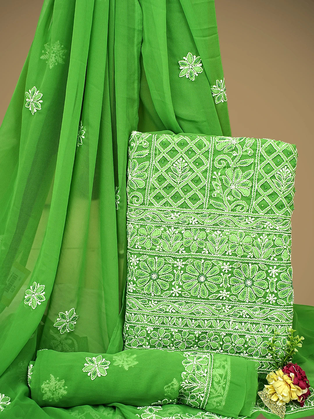 Ada Hand Embroidered Green Georgette Lucknowi Chikankari Unstitched Suit Piece With Pearl Work 01A834846