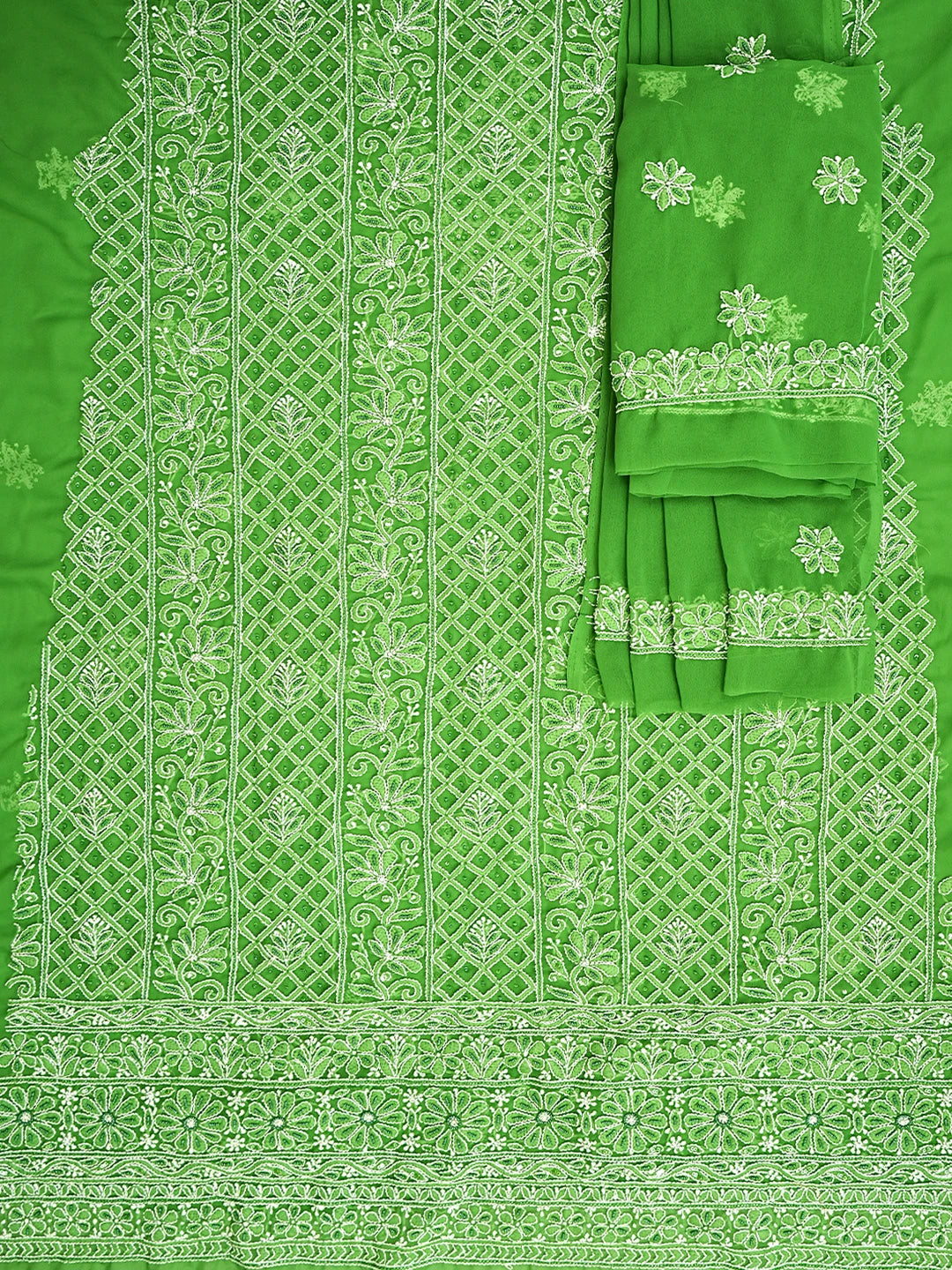 Ada Hand Embroidered Green Georgette Lucknowi Chikankari Unstitched Suit Piece With Pearl Work 01A834846
