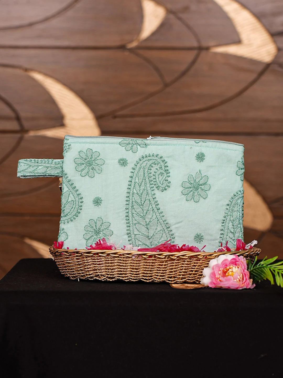 Ada Hand Embroidered Sea Green Cotton Lucknowi Chikankari Pouch 01A902223