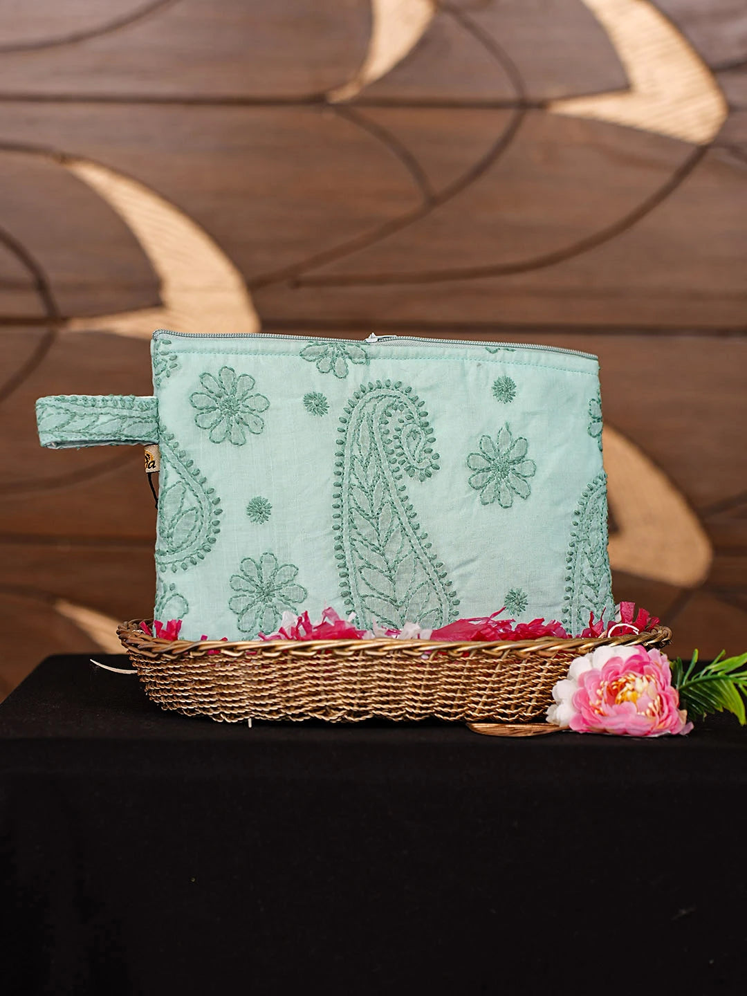 Ada Hand Embroidered Sea Green Cotton Lucknowi Chikankari Pouch 01A902223