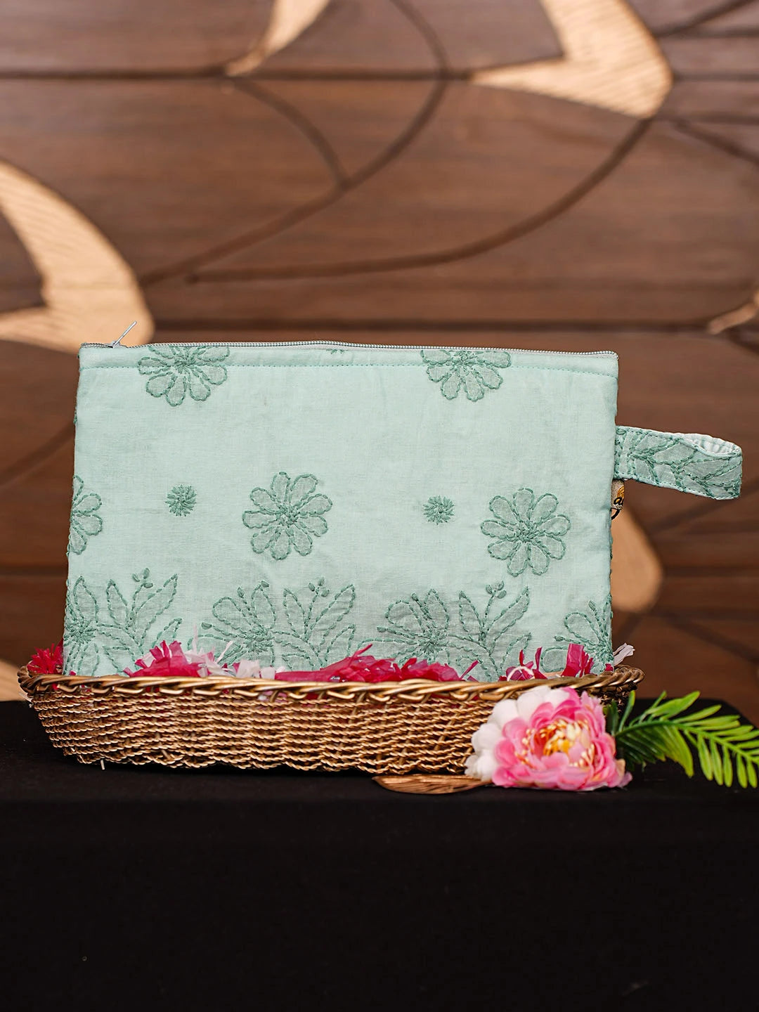 Ada Hand Embroidered Sea Green Cotton Lucknowi Chikankari Pouch 01A902223