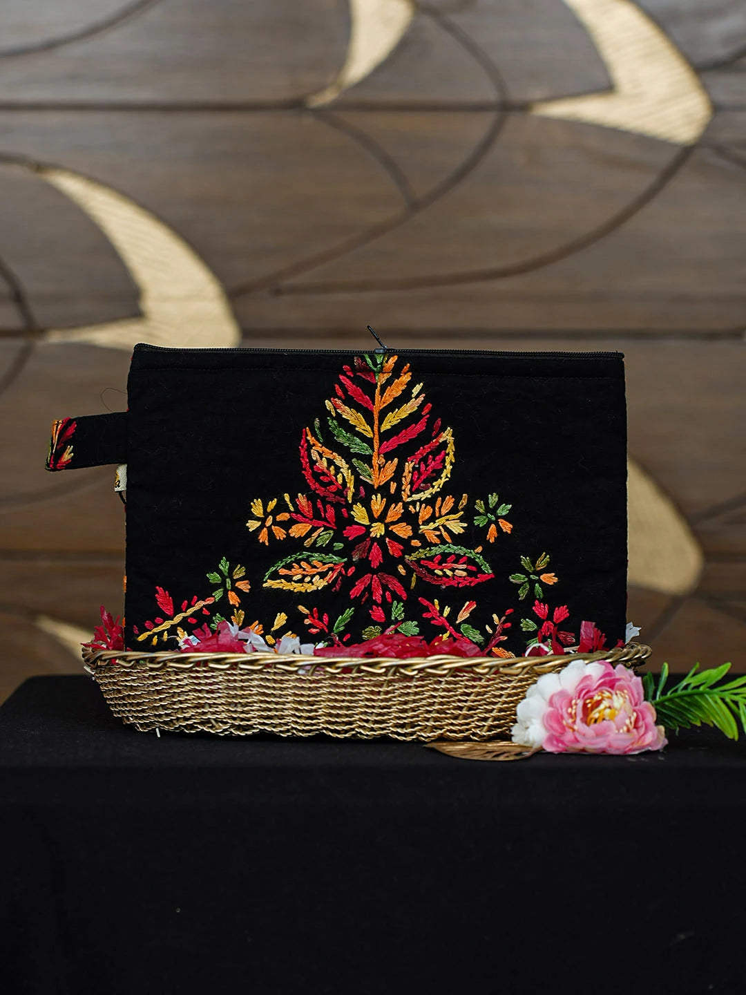 Ada Hand Embroidered Black Cotton Lucknowi Chikankari Pouch 01A917582
