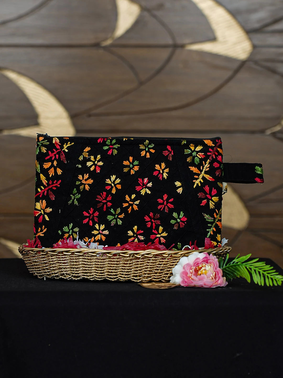 Ada Hand Embroidered Black Cotton Lucknowi Chikankari Pouch 01A917582