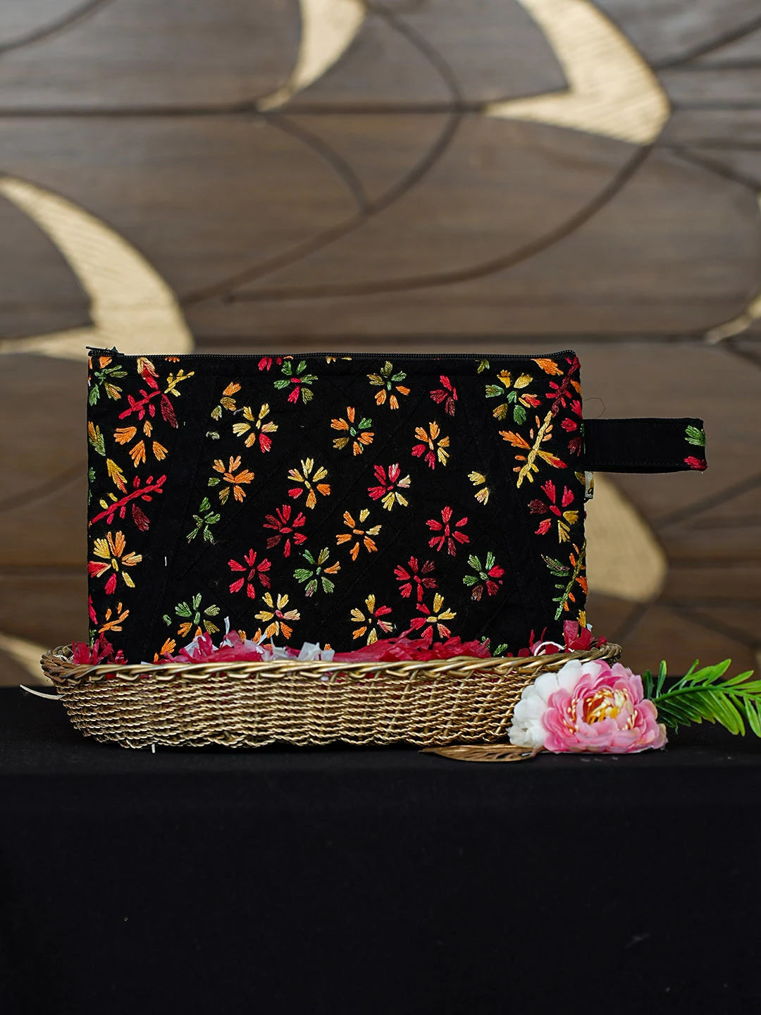Ada Hand Embroidered Black Cotton Lucknowi Chikankari Pouch 01A917582