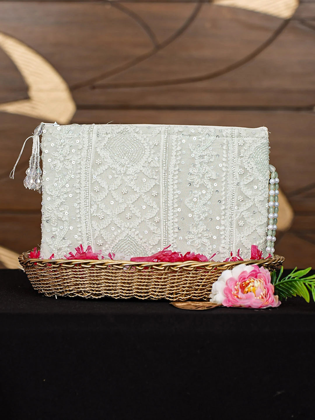 Ada Hand Embroidered Pista Green Viscose Georgette Lucknowi Chikankari Pouch with Cutdana Work 01A913128