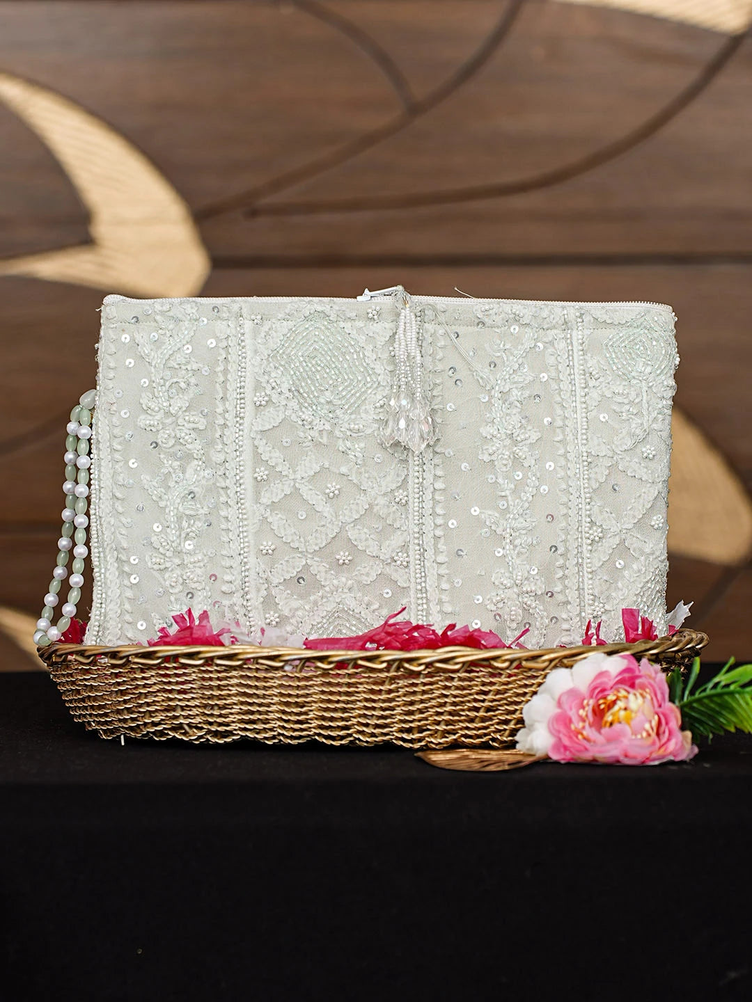 Ada Hand Embroidered Pista Green Viscose Georgette Lucknowi Chikankari Pouch with Cutdana Work 01A913128