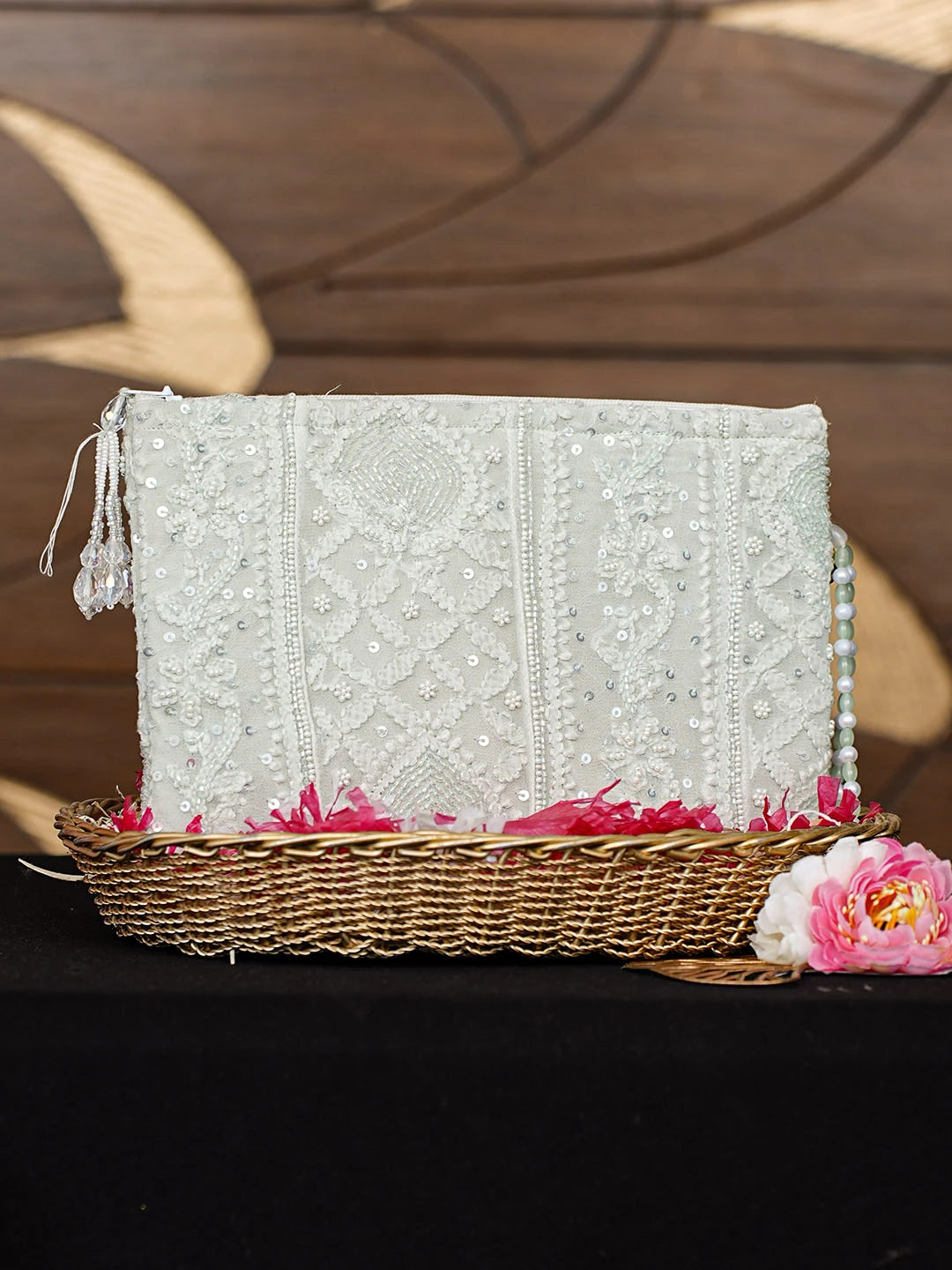 Ada Hand Embroidered Pista Green Viscose Georgette Lucknowi Chikankari Pouch with Cutdana Work 01A913128