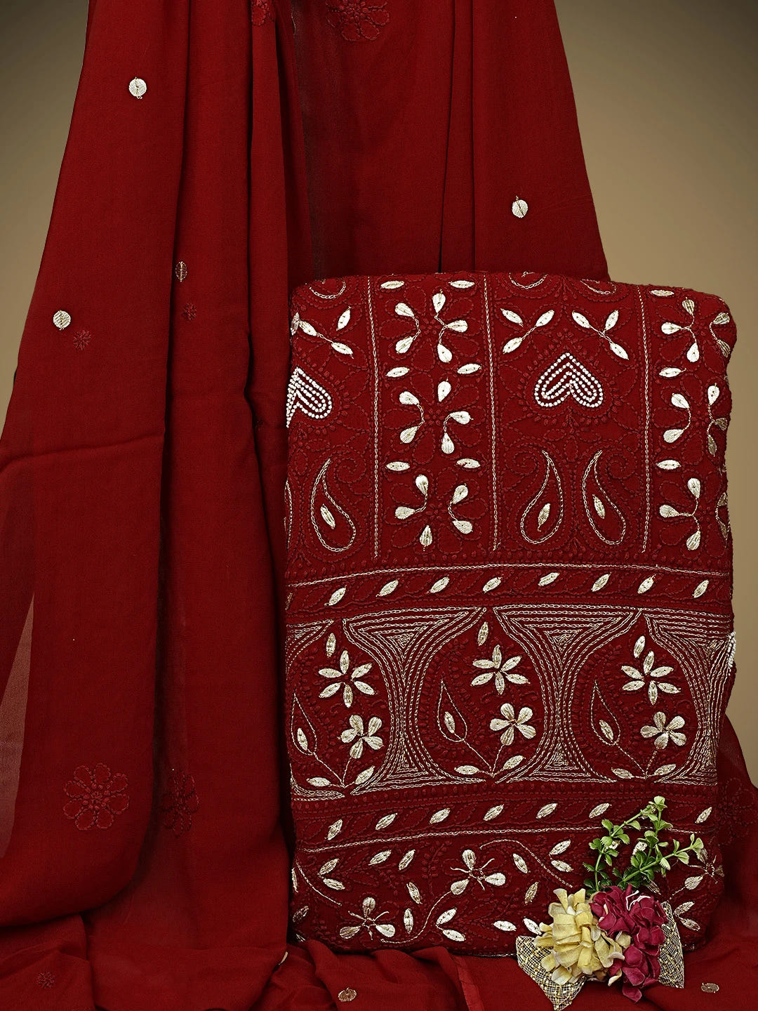 Ada Hand Embroidered Red  Viscose Georgette Lucknowi Chikankari Unstitched Kurta Dupatta Set With Zari Work 01A893423