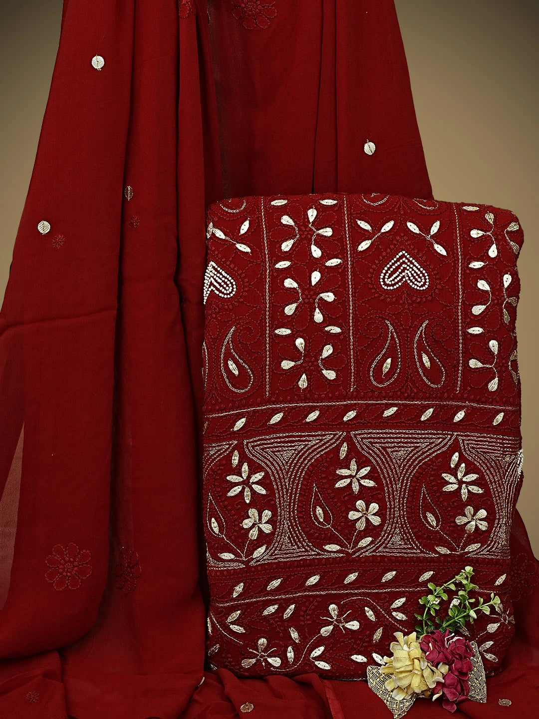Ada Hand Embroidered Red  Viscose Georgette Lucknowi Chikankari Unstitched Kurta Dupatta Set With Zari Work 01A893423