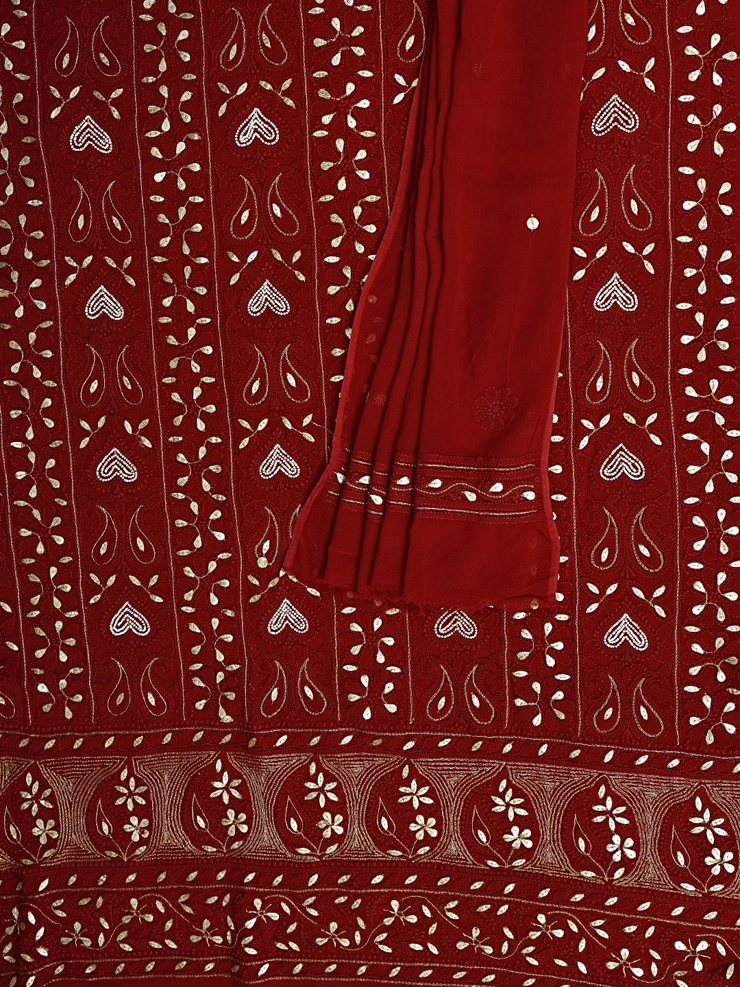Ada Hand Embroidered Red  Viscose Georgette Lucknowi Chikankari Unstitched Kurta Dupatta Set With Zari Work 01A893423