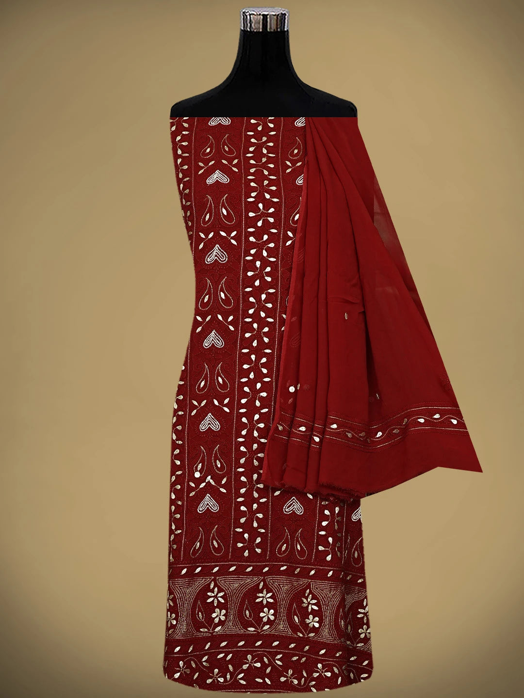 Ada Hand Embroidered Red  Viscose Georgette Lucknowi Chikankari Unstitched Kurta Dupatta Set With Zari Work 01A893423