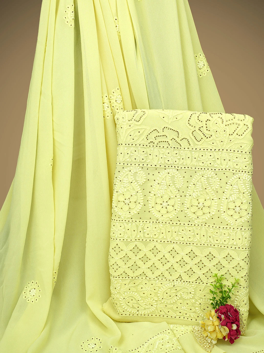 Ada Hand Embroidered Lemon Pure Georgette Lucknowi Chikankari Unstitched Kurta Dupatta Set With Muqaish/Mukaish Work 01A510778