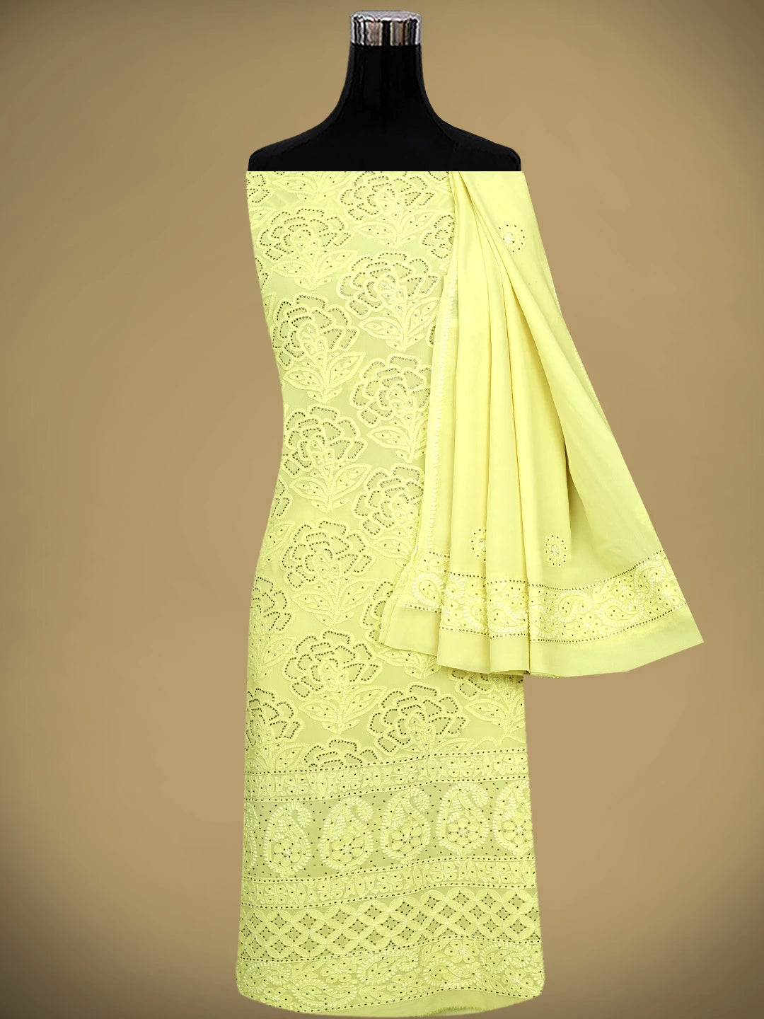 Ada Hand Embroidered Lemon Pure Georgette Lucknowi Chikankari Unstitched Kurta Dupatta Set With Muqaish/Mukaish Work 01A510778