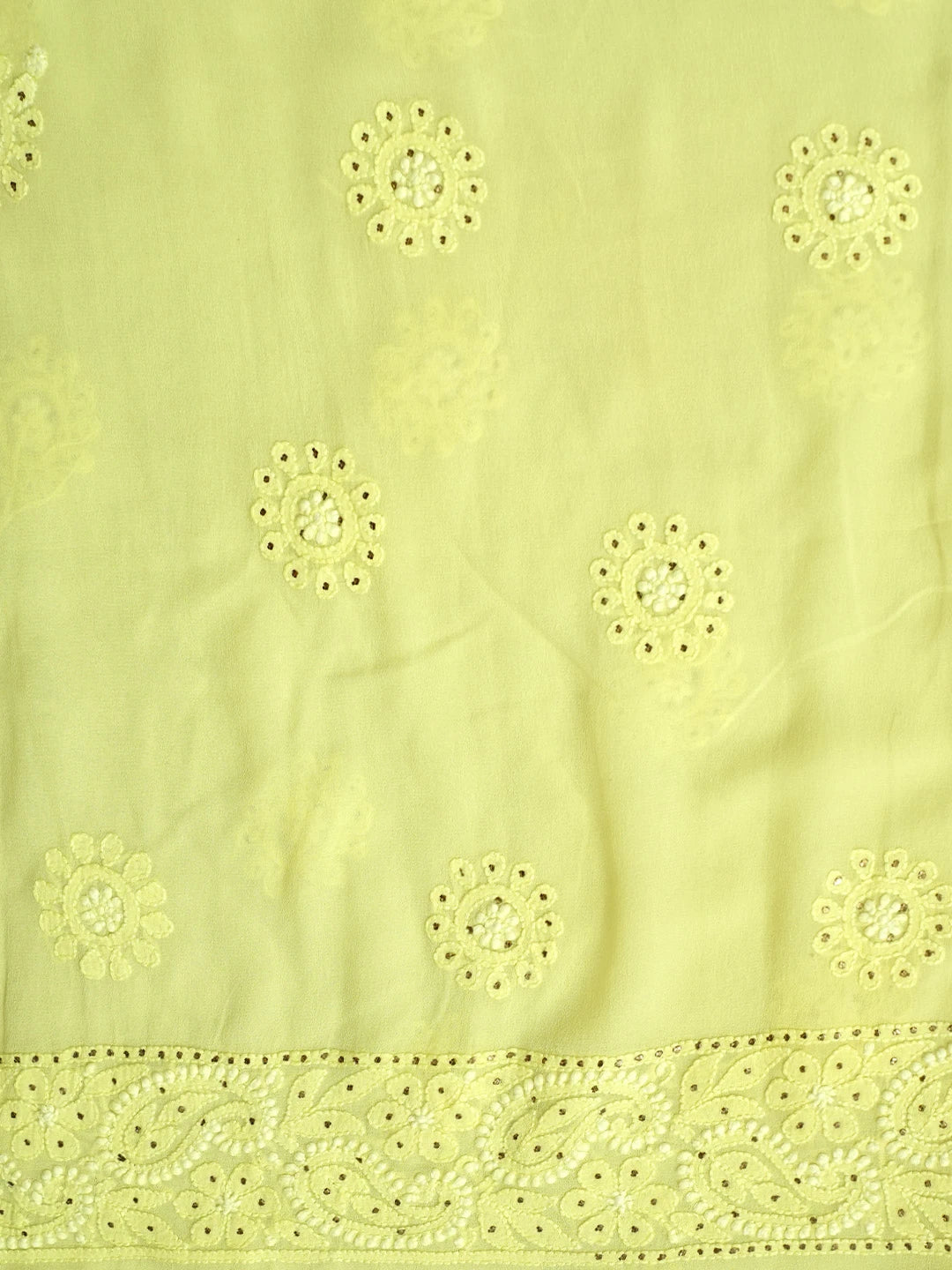 Ada Hand Embroidered Lemon Pure Georgette Lucknowi Chikankari Unstitched Kurta Dupatta Set With Muqaish/Mukaish Work 01A510778