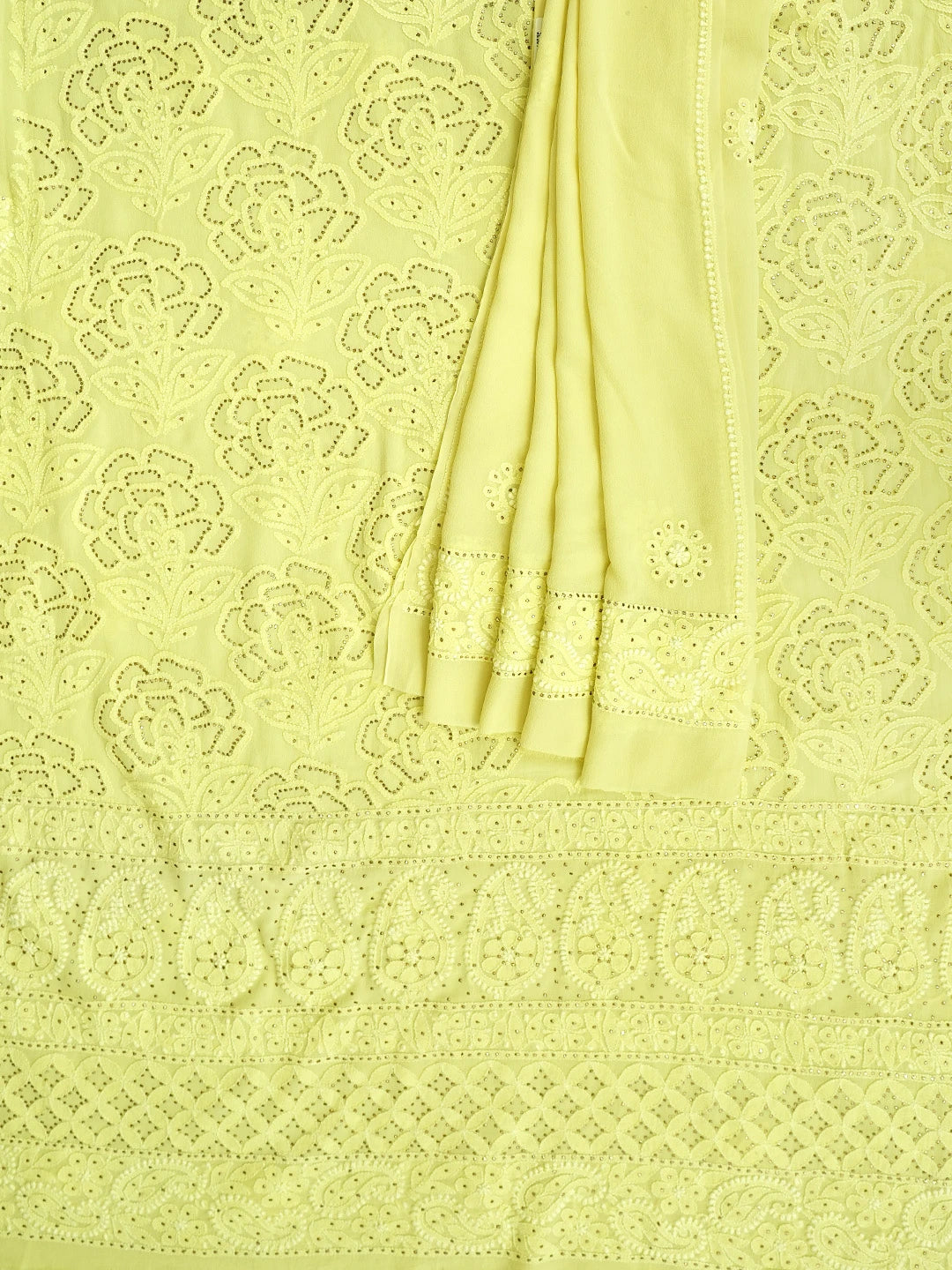 Ada Hand Embroidered Lemon Pure Georgette Lucknowi Chikankari Unstitched Kurta Dupatta Set With Muqaish/Mukaish Work 01A510778