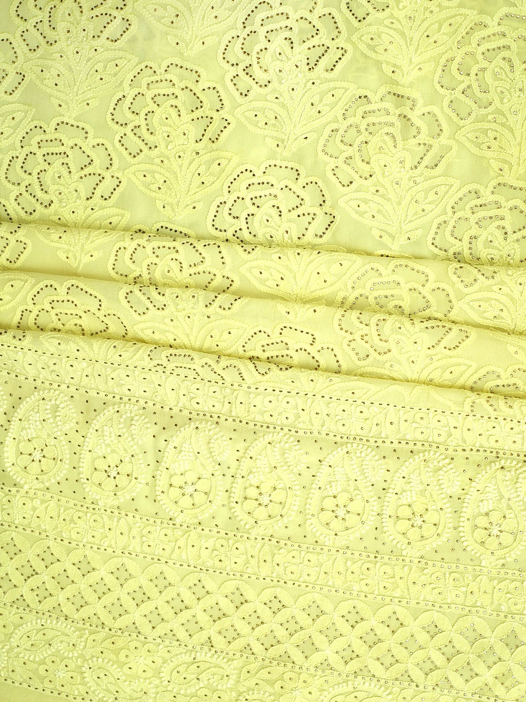 Ada Hand Embroidered Lemon Pure Georgette Lucknowi Chikankari Unstitched Kurta Dupatta Set With Muqaish/Mukaish Work 01A510778