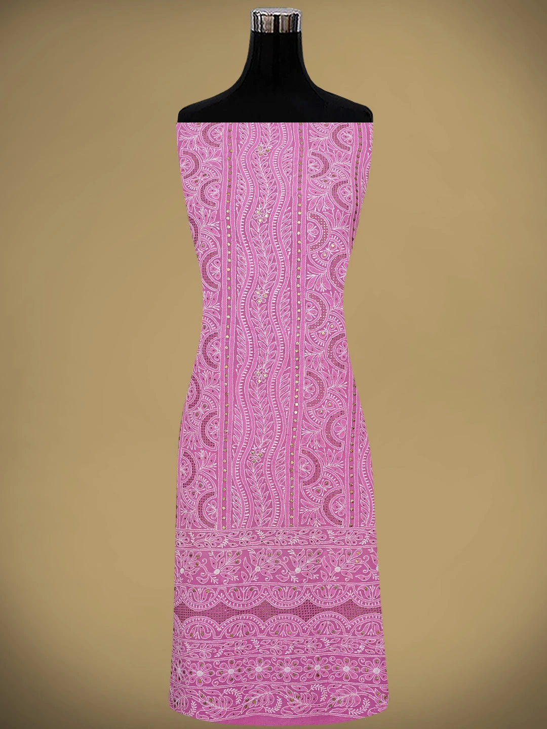 Ada Hand Embroidered Pink Pure Georgette Lucknowi Chikankari Unstitched Kurta Dupatta Set With Muqaish/Mukaish Work 01A207563
