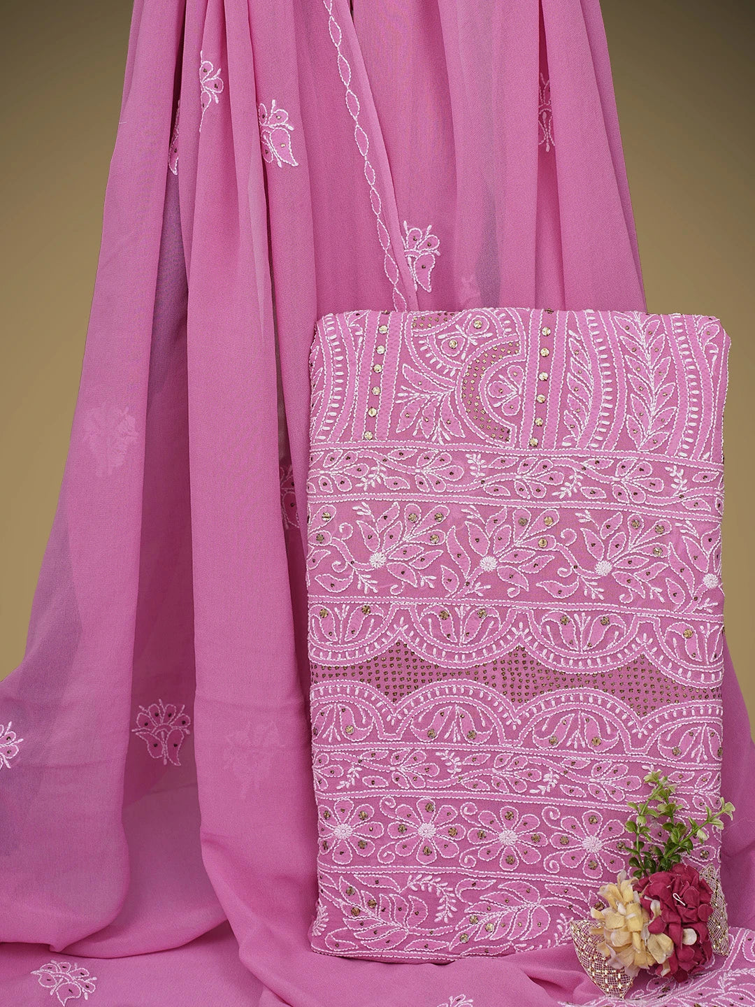 Ada Hand Embroidered Pink Pure Georgette Lucknowi Chikankari Unstitched Kurta Dupatta Set With Muqaish/Mukaish Work 01A207563