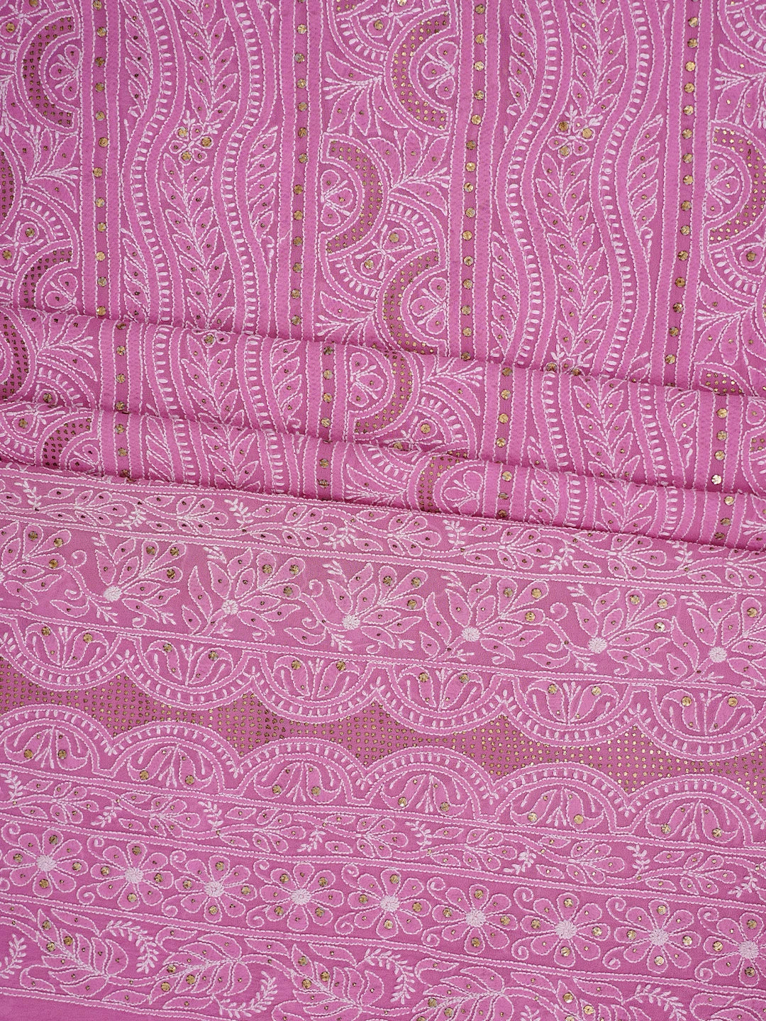 Ada Hand Embroidered Pink Pure Georgette Lucknowi Chikankari Unstitched Kurta Dupatta Set With Muqaish/Mukaish Work 01A207563