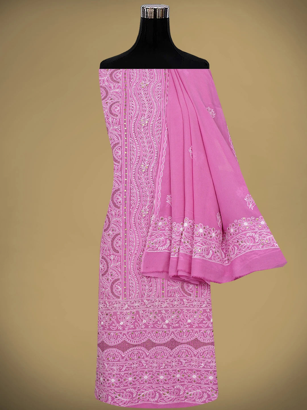 Ada Hand Embroidered Pink Pure Georgette Lucknowi Chikankari Unstitched Kurta Dupatta Set With Muqaish/Mukaish Work 01A207563