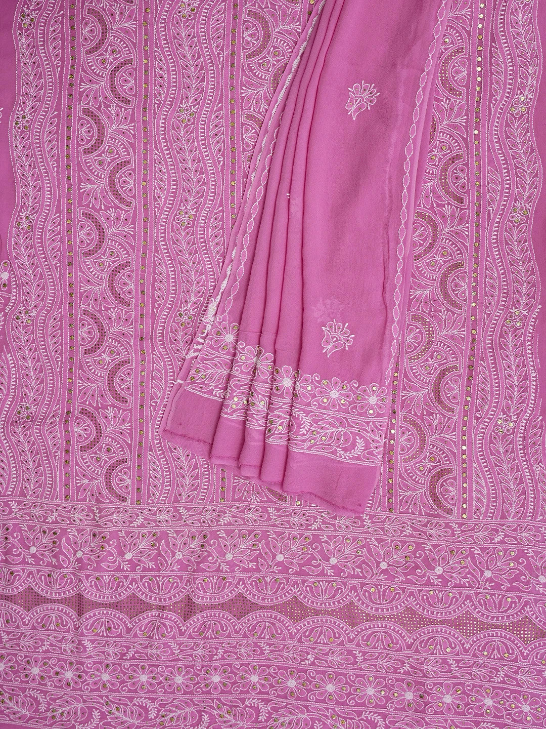 Ada Hand Embroidered Pink Pure Georgette Lucknowi Chikankari Unstitched Kurta Dupatta Set With Muqaish/Mukaish Work 01A207563