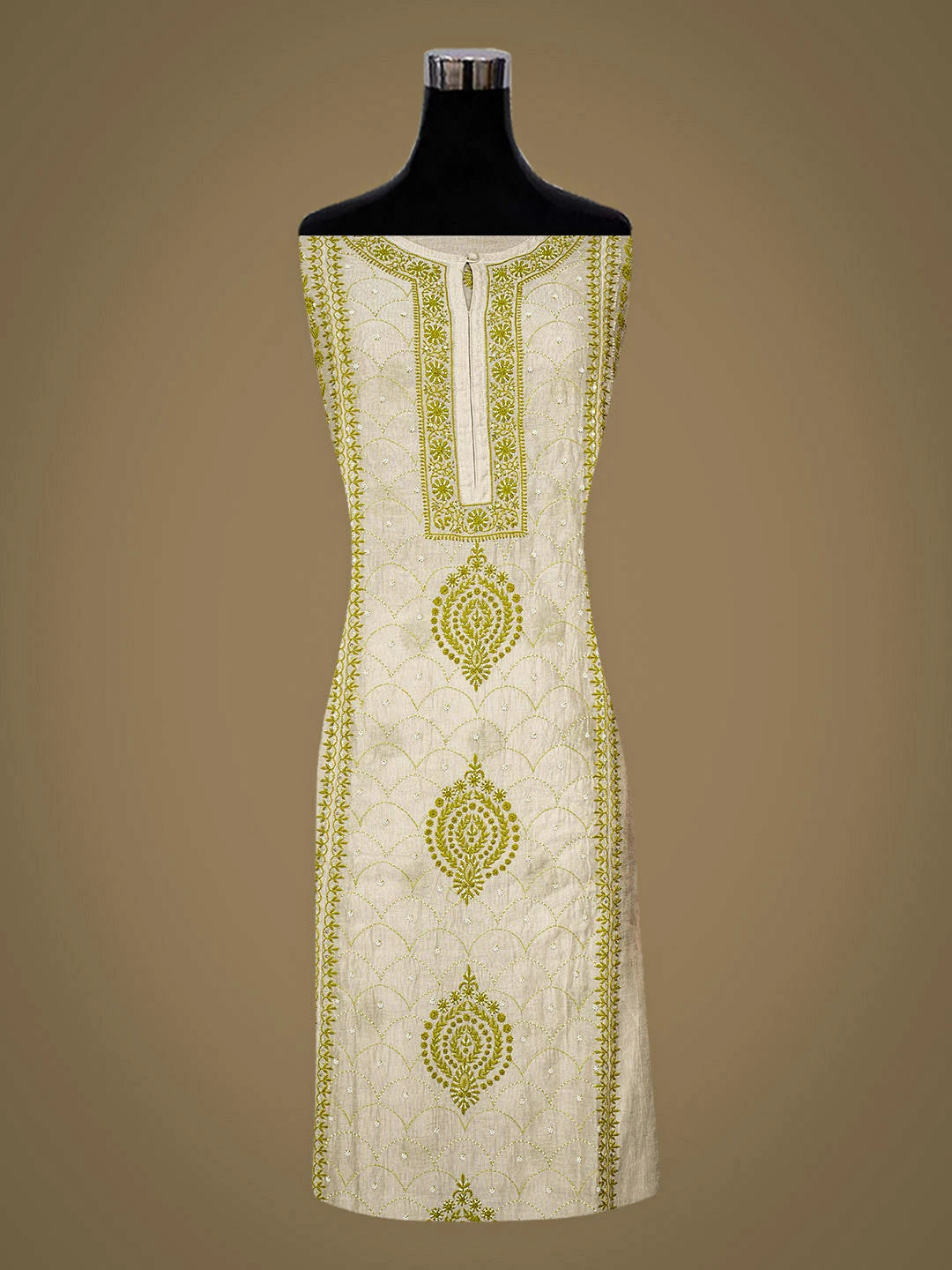 Ada Hand Embroidered Fawn Tissue Lucknowi Chikankari Semi-Stitched Kurta Dupatta Set With Pearl Work 01A951983