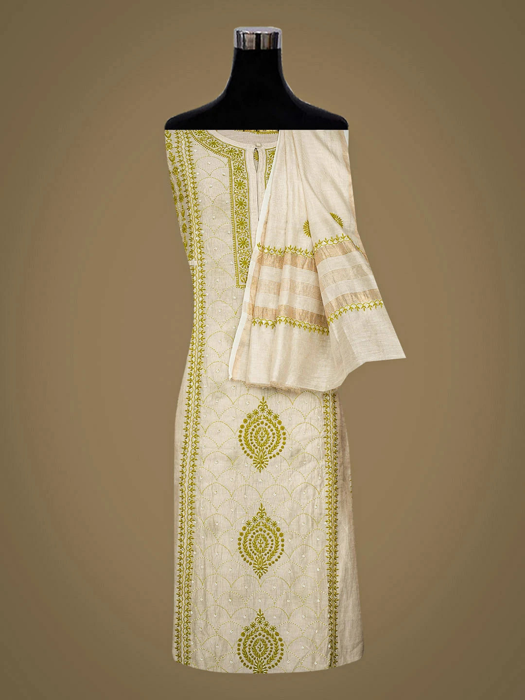 Ada Hand Embroidered Fawn Tissue Lucknowi Chikankari Semi-Stitched Kurta Dupatta Set With Pearl Work 01A951983