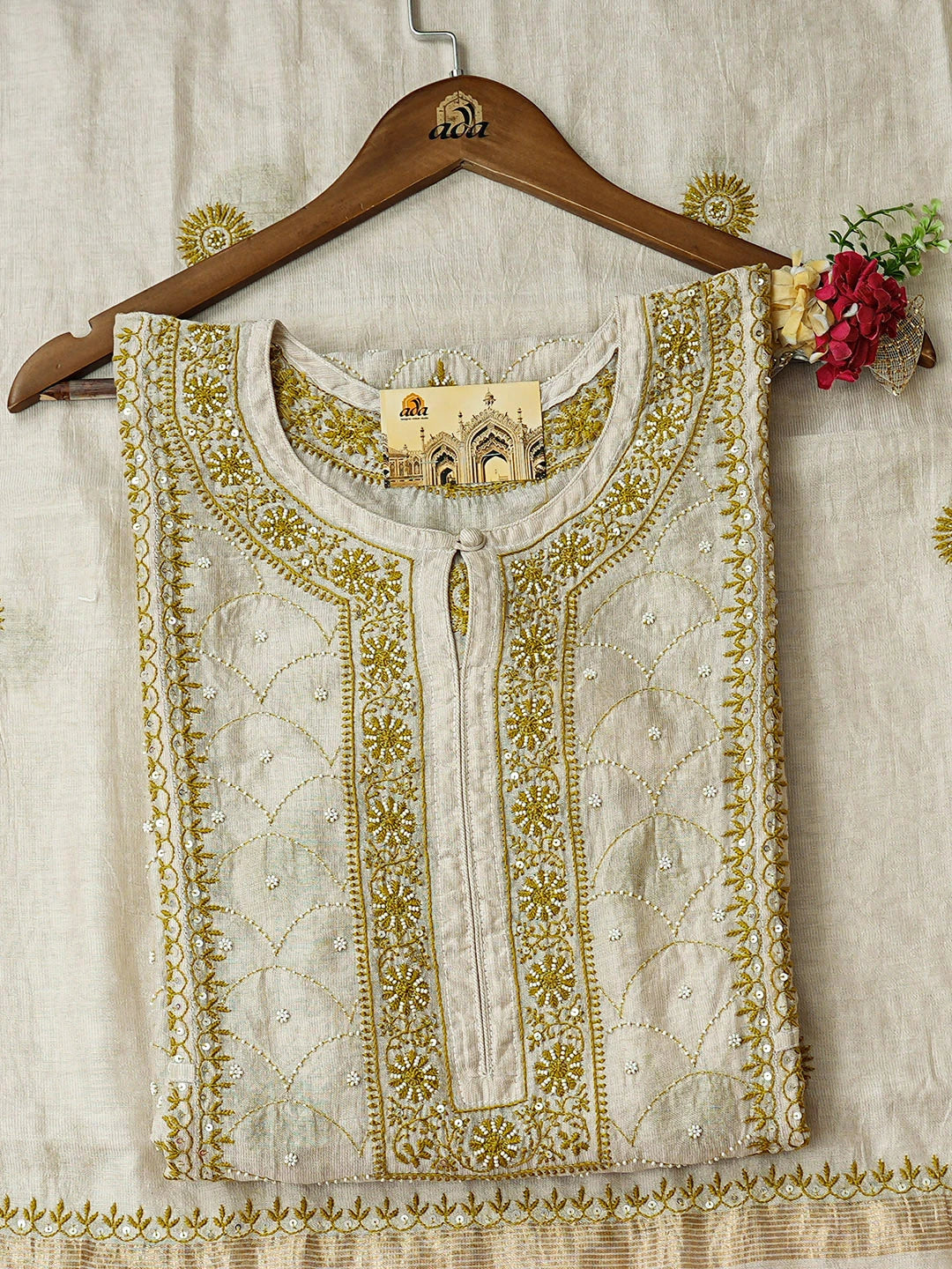 Ada Hand Embroidered Fawn Tissue Lucknowi Chikankari Semi-Stitched Kurta Dupatta Set With Pearl Work 01A951983