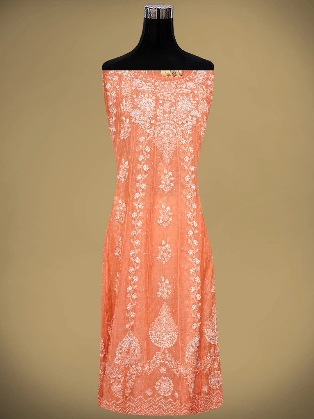 Ada Hand Embroidered Peach Chanderi Lucknowi Chikankari Semi-Stitched Anarkali Kurta Dupatta Set With Cutdana Work 01A971890