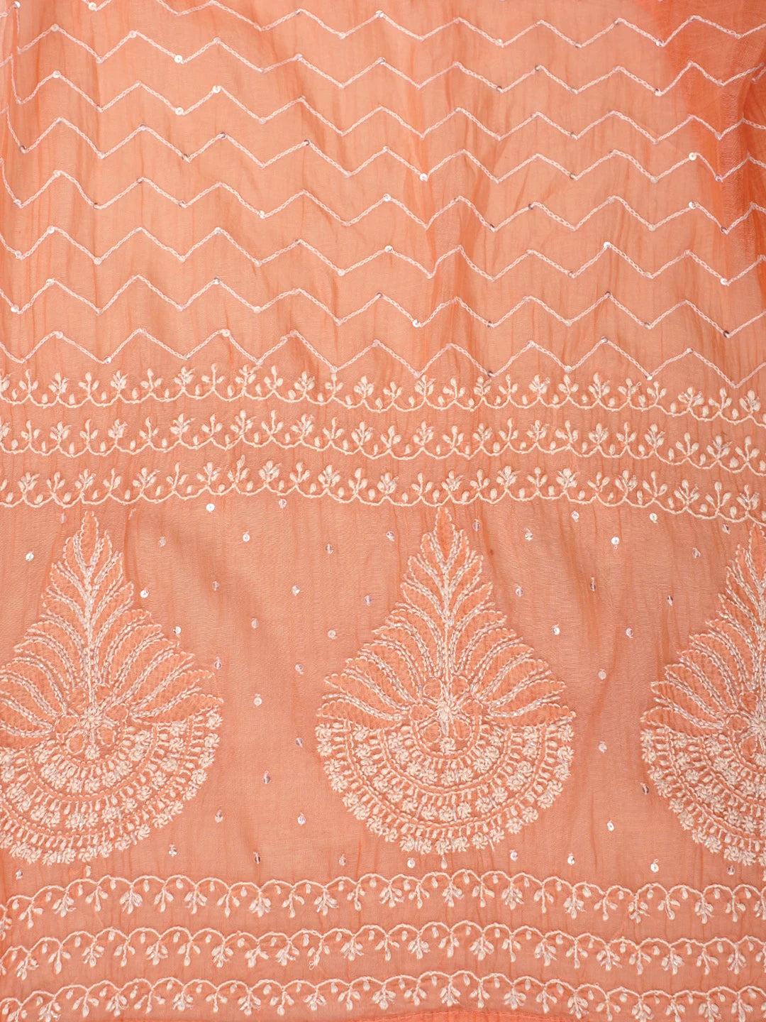 Ada Hand Embroidered Peach Chanderi Lucknowi Chikankari Semi-Stitched Anarkali Kurta Dupatta Set With Cutdana Work 01A971890
