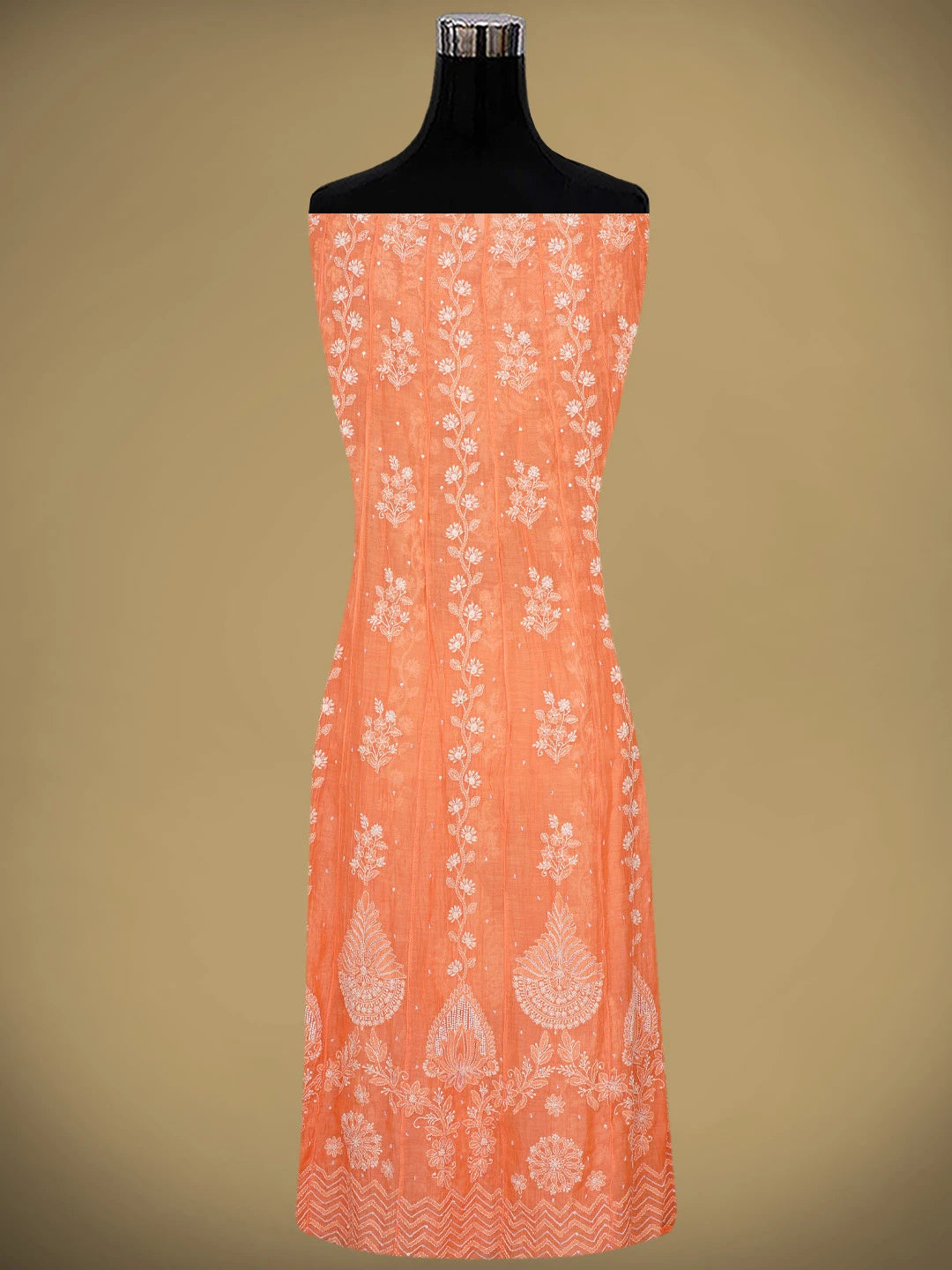 Ada Hand Embroidered Peach Chanderi Lucknowi Chikankari Semi-Stitched Anarkali Kurta Dupatta Set With Cutdana Work 01A971890