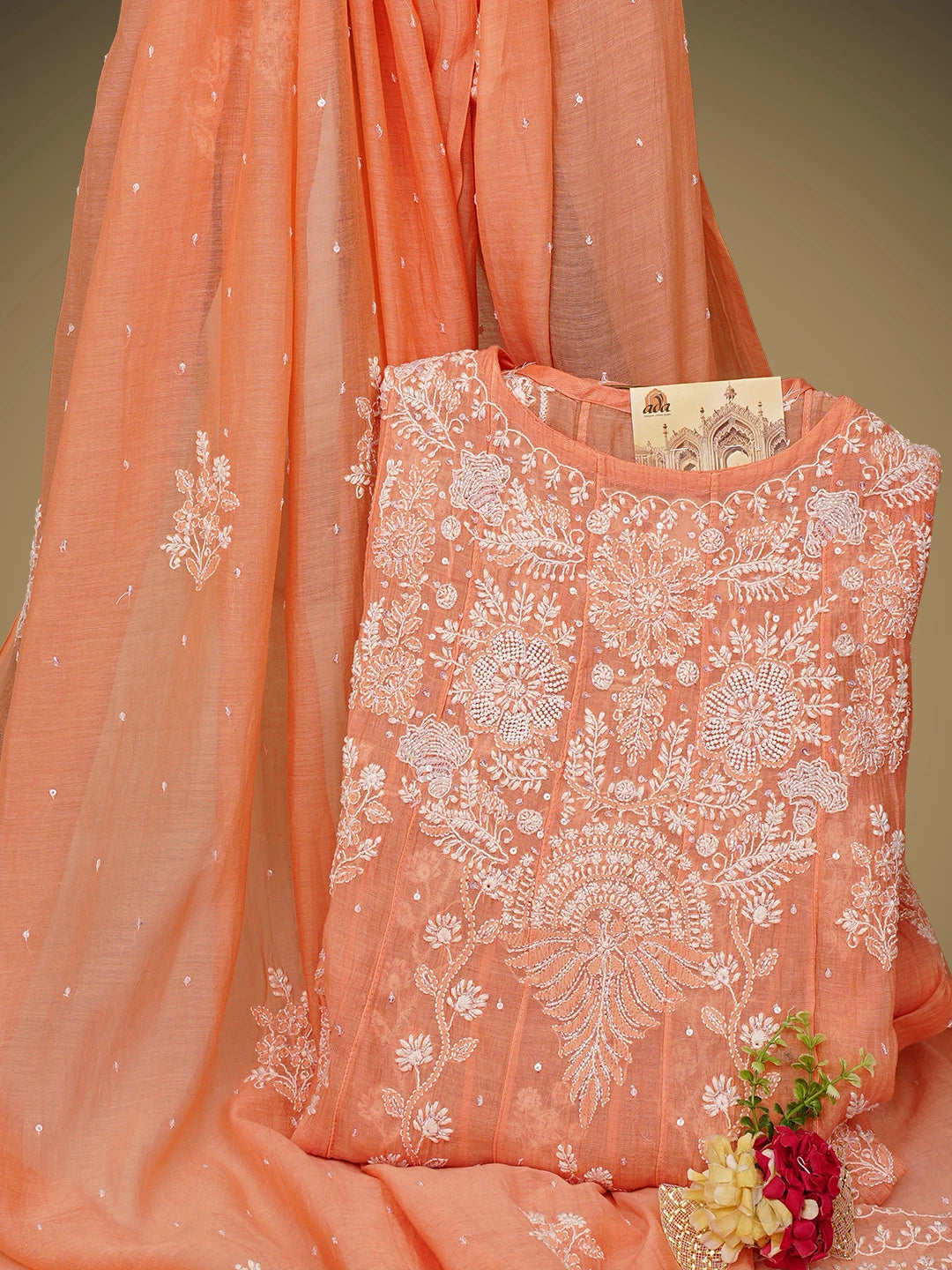 Ada Hand Embroidered Peach Chanderi Lucknowi Chikankari Semi-Stitched Anarkali Kurta Dupatta Set With Cutdana Work 01A971890