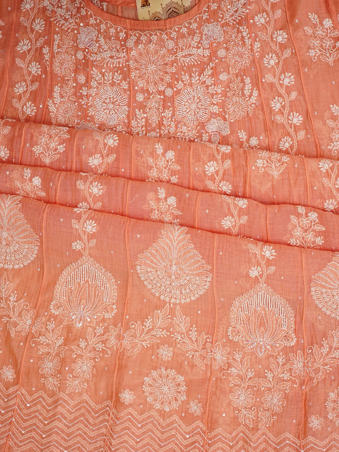 Ada Hand Embroidered Peach Chanderi Lucknowi Chikankari Semi-Stitched Anarkali Kurta Dupatta Set With Cutdana Work 01A971890
