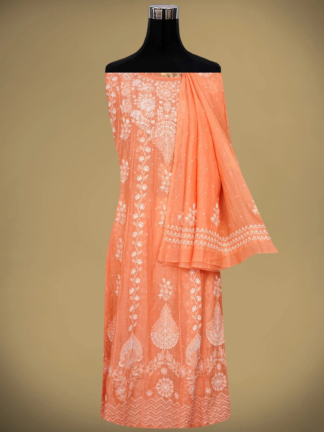 Ada Hand Embroidered Peach Chanderi Lucknowi Chikankari Semi-Stitched Anarkali Kurta Dupatta Set With Cutdana Work 01A971890