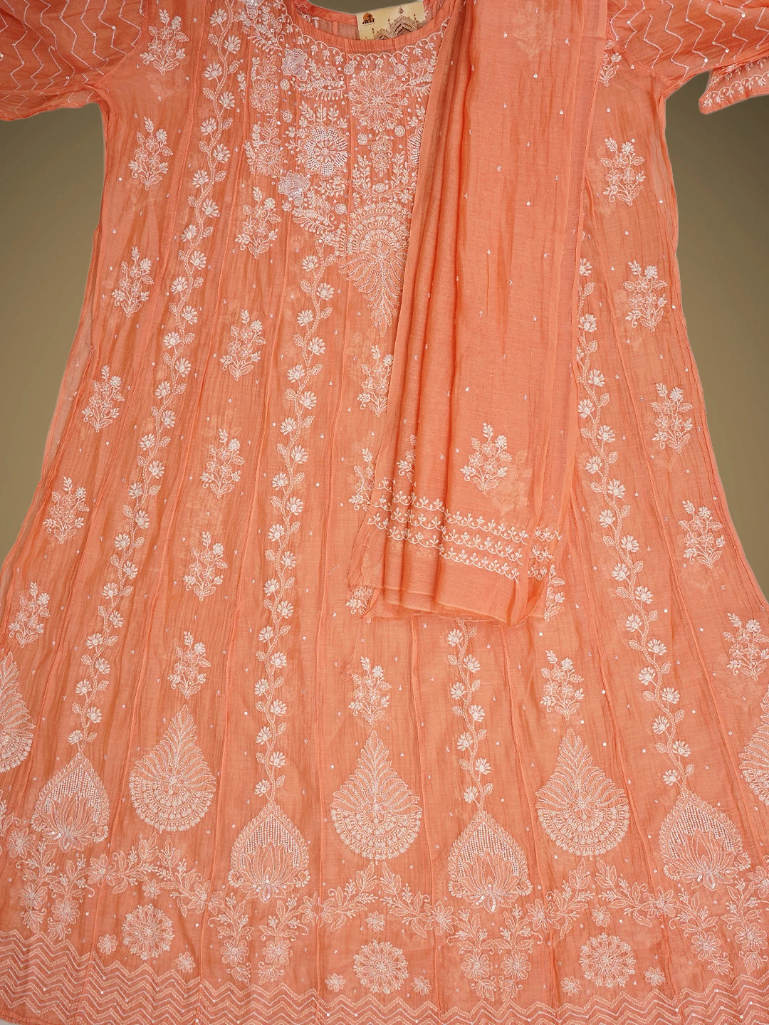 Ada Hand Embroidered Peach Chanderi Lucknowi Chikankari Semi-Stitched Anarkali Kurta Dupatta Set With Cutdana Work 01A971890