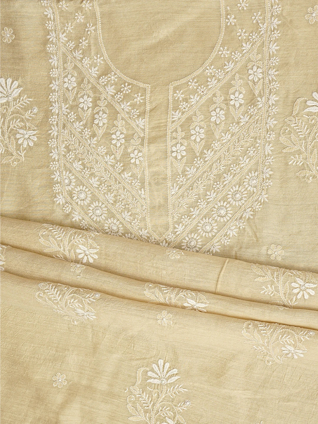 Ada Hand Embroidered Fawn Moonga Silk Lucknowi Chikankari Unstitched Kurta Dupatta Set 01A966352