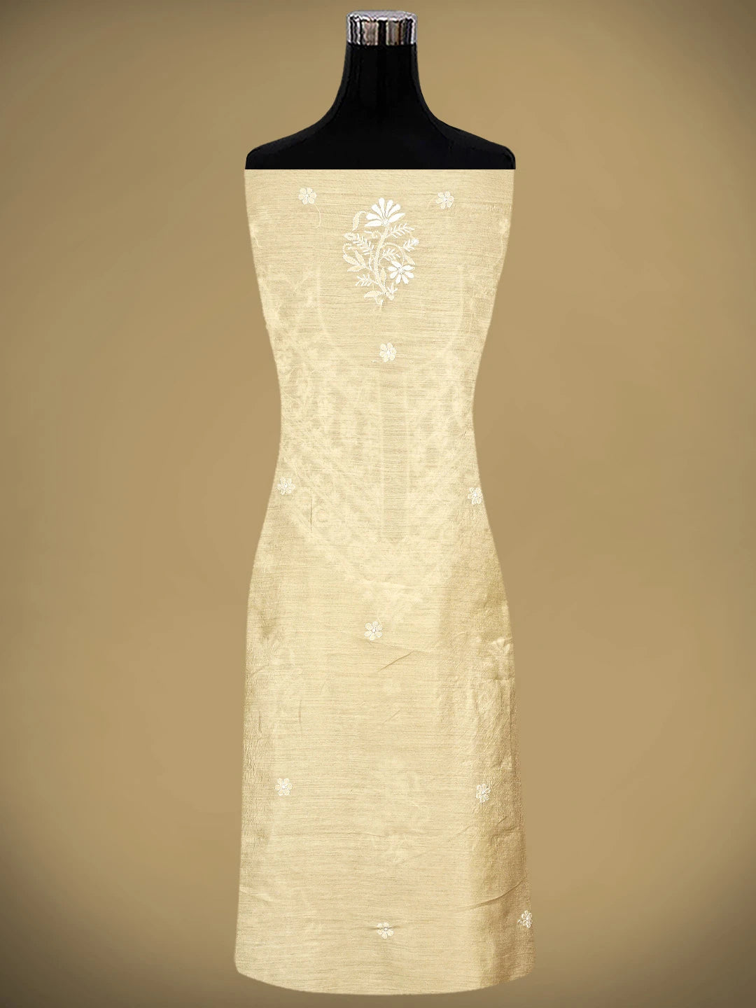 Ada Hand Embroidered Fawn Moonga Silk Lucknowi Chikankari Unstitched Kurta Dupatta Set 01A966352