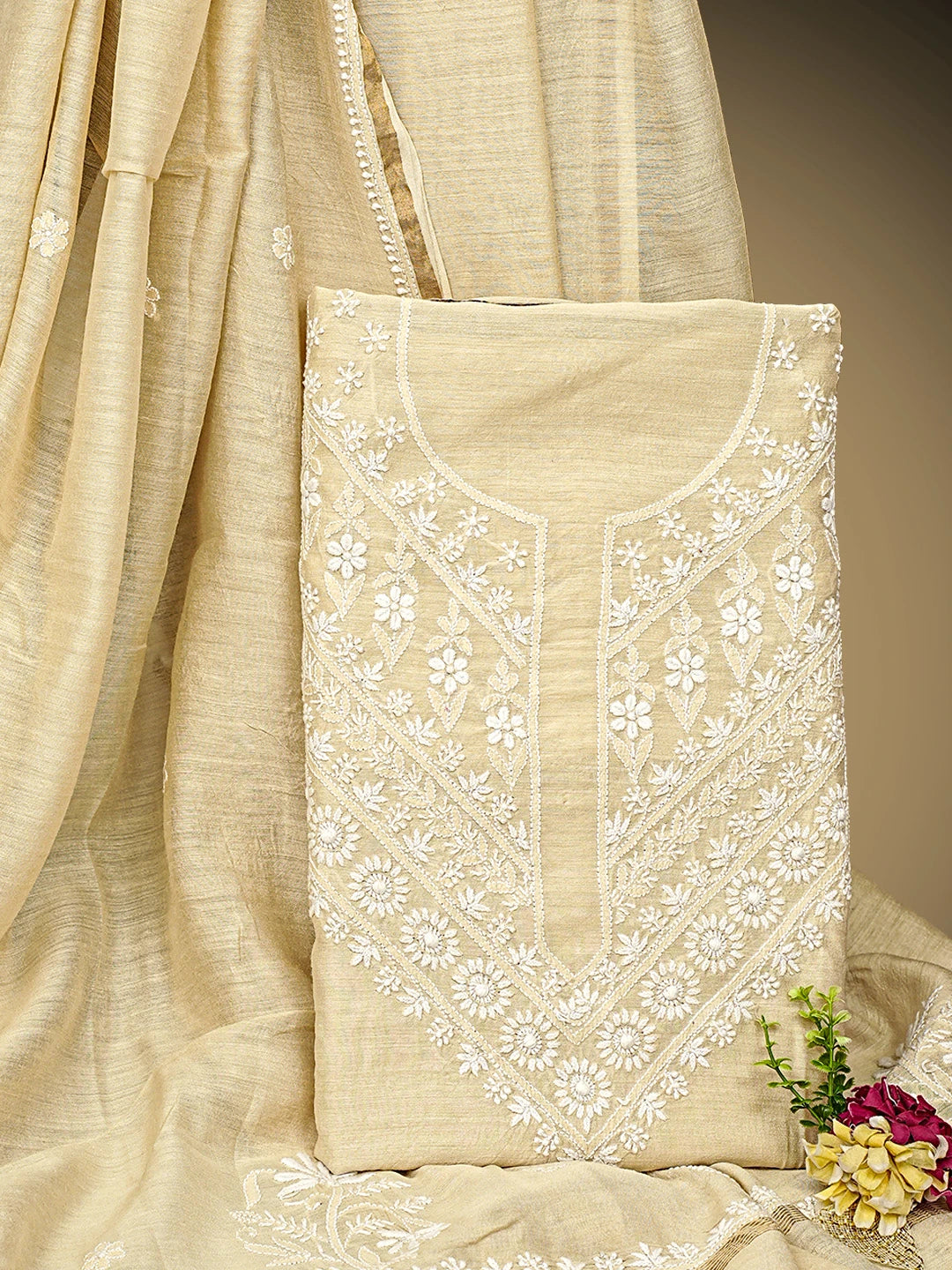Ada Hand Embroidered Fawn Moonga Silk Lucknowi Chikankari Unstitched Kurta Dupatta Set 01A966352