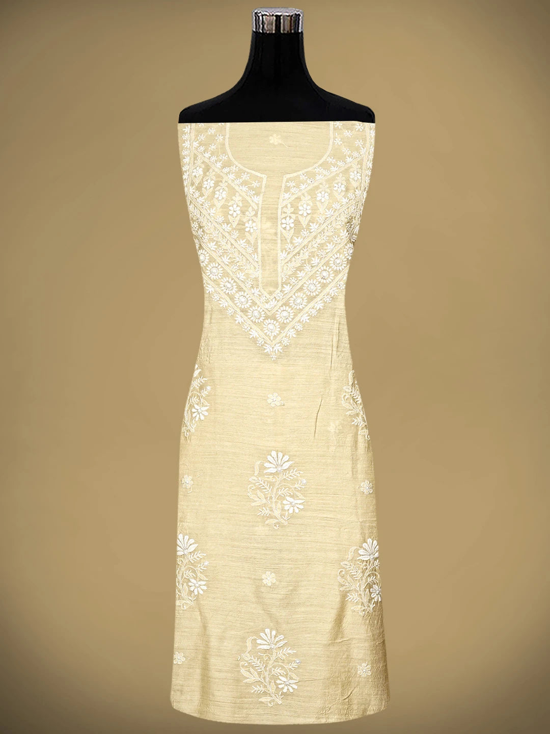 Ada Hand Embroidered Fawn Moonga Silk Lucknowi Chikankari Unstitched Kurta Dupatta Set 01A966352