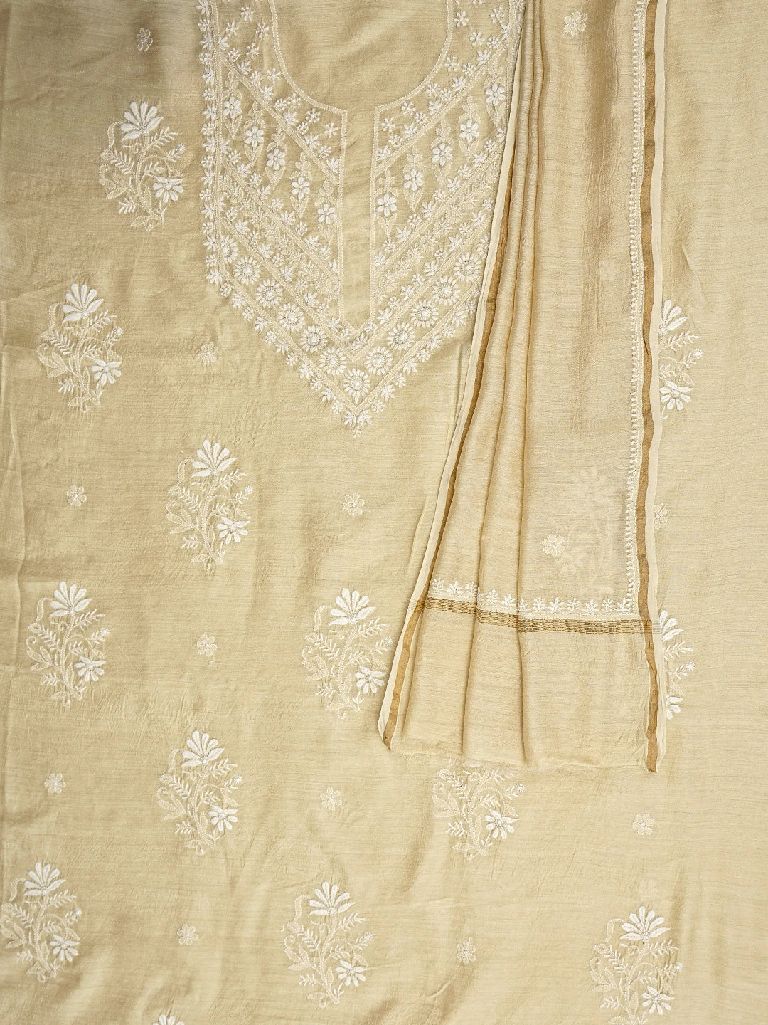 Ada Hand Embroidered Fawn Moonga Silk Lucknowi Chikankari Unstitched Kurta Dupatta Set 01A966352