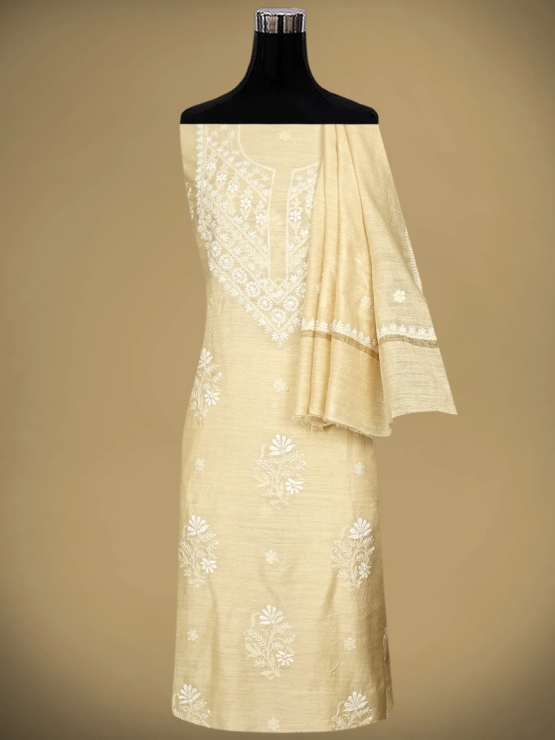 Ada Hand Embroidered Fawn Moonga Silk Lucknowi Chikankari Unstitched Kurta Dupatta Set 01A966352