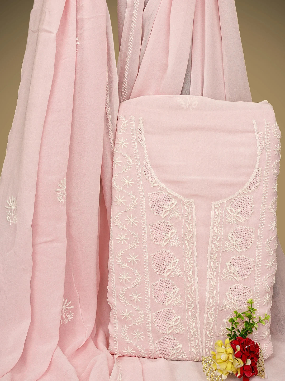 Ada Hand Embroidered Pink Viscose Georgette Lucknowi Chikankari Unstitched Kurta Dupatta Set 01A963332