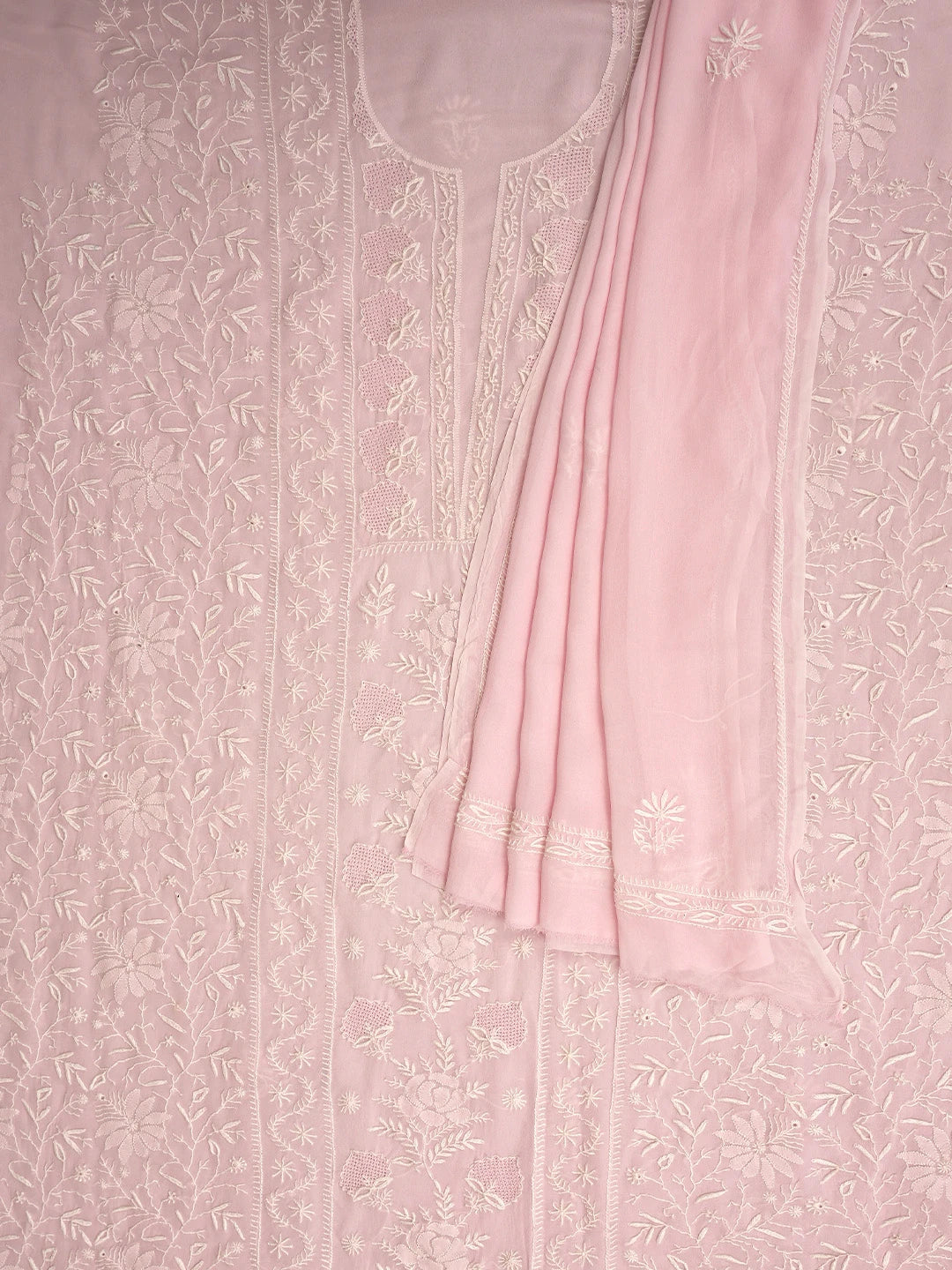 Ada Hand Embroidered Pink Viscose Georgette Lucknowi Chikankari Unstitched Kurta Dupatta Set 01A963332