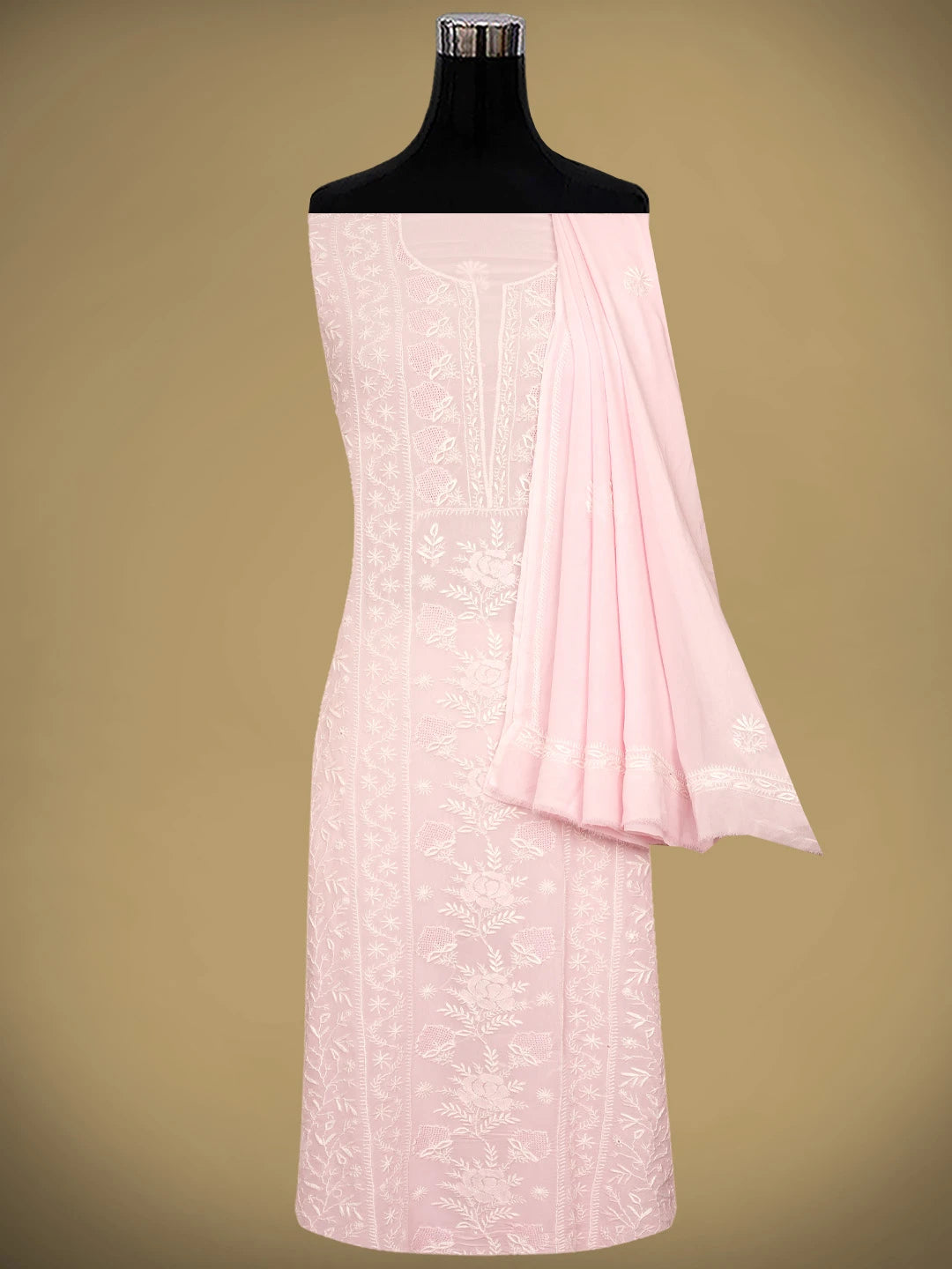 Ada Hand Embroidered Pink Viscose Georgette Lucknowi Chikankari Unstitched Kurta Dupatta Set 01A963332