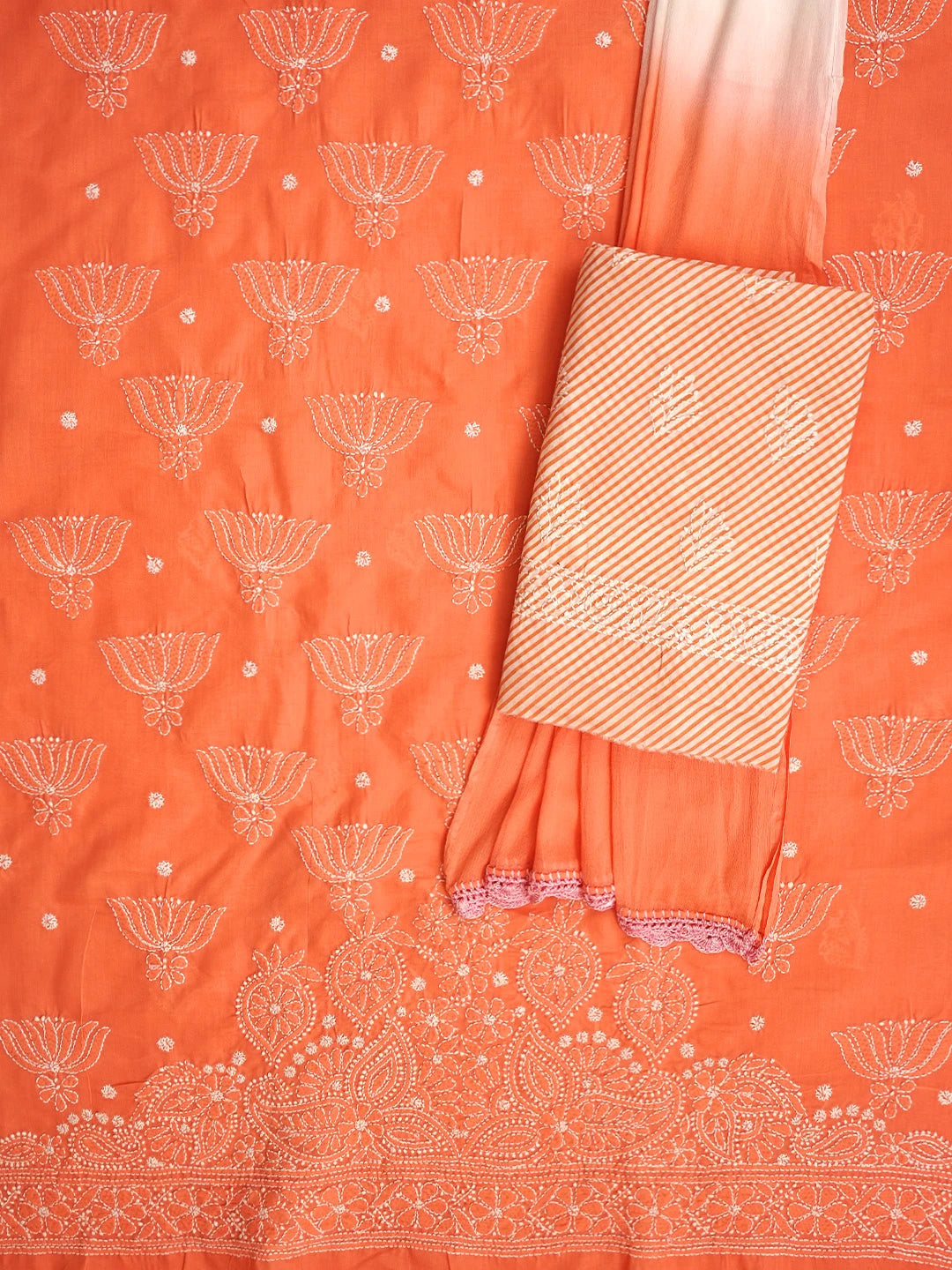 Ada Hand Embroidered Peach Cotton Lucknowi Chikankari Unstitched Suit Piece 01A753947