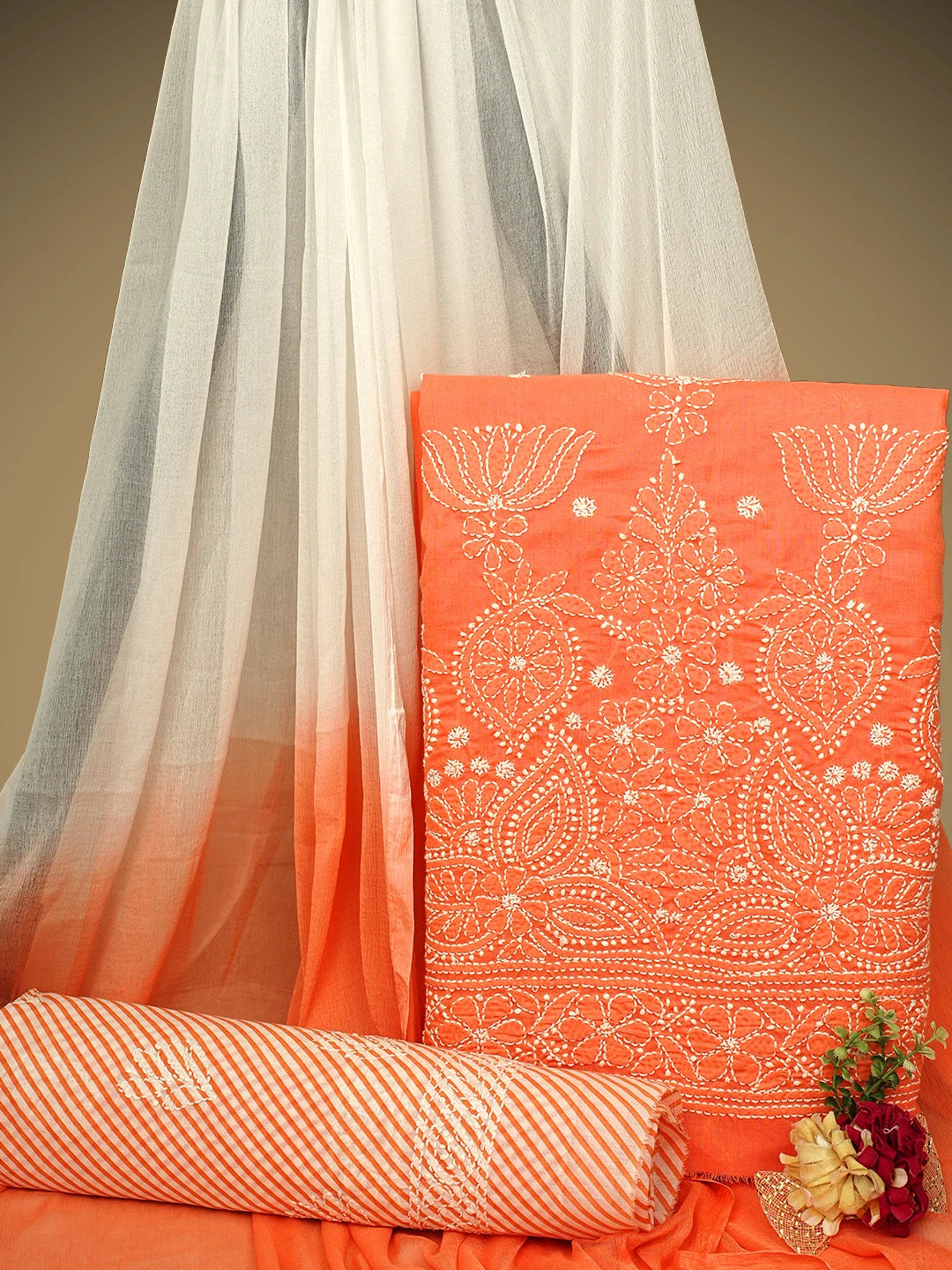 Ada Hand Embroidered Peach Cotton Lucknowi Chikankari Unstitched Suit Piece 01A753947