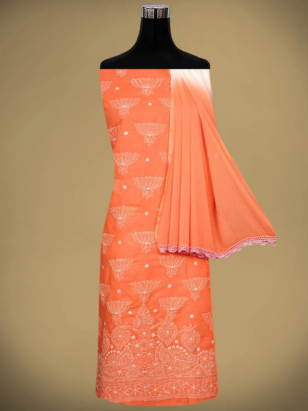 Ada Hand Embroidered Peach Cotton Lucknowi Chikankari Unstitched Suit Piece 01A753947