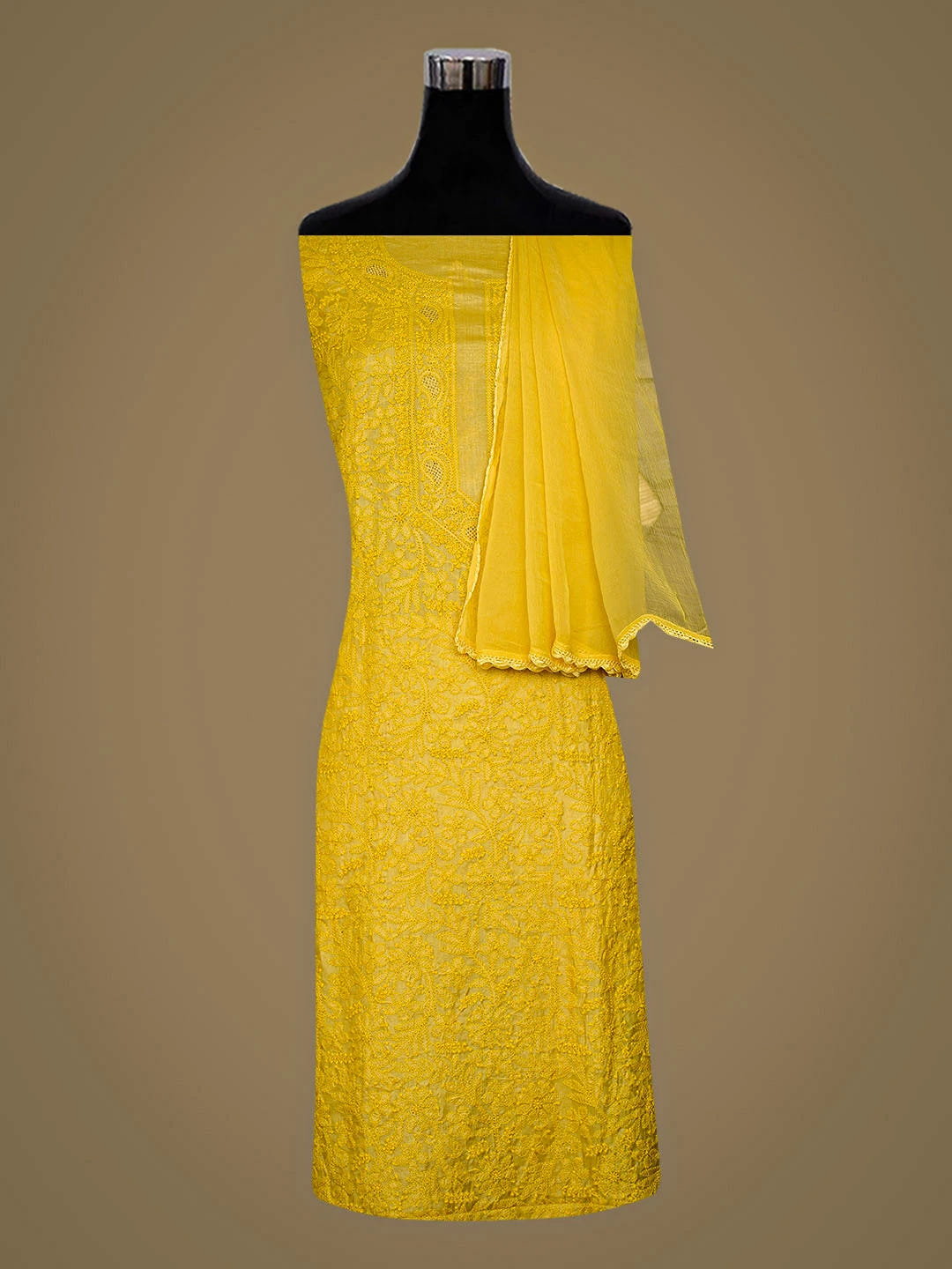 Ada Hand Embroidered Mustard Yellow Silk Lucknowi Chikankari Unstitched Suit Piece 01A965273