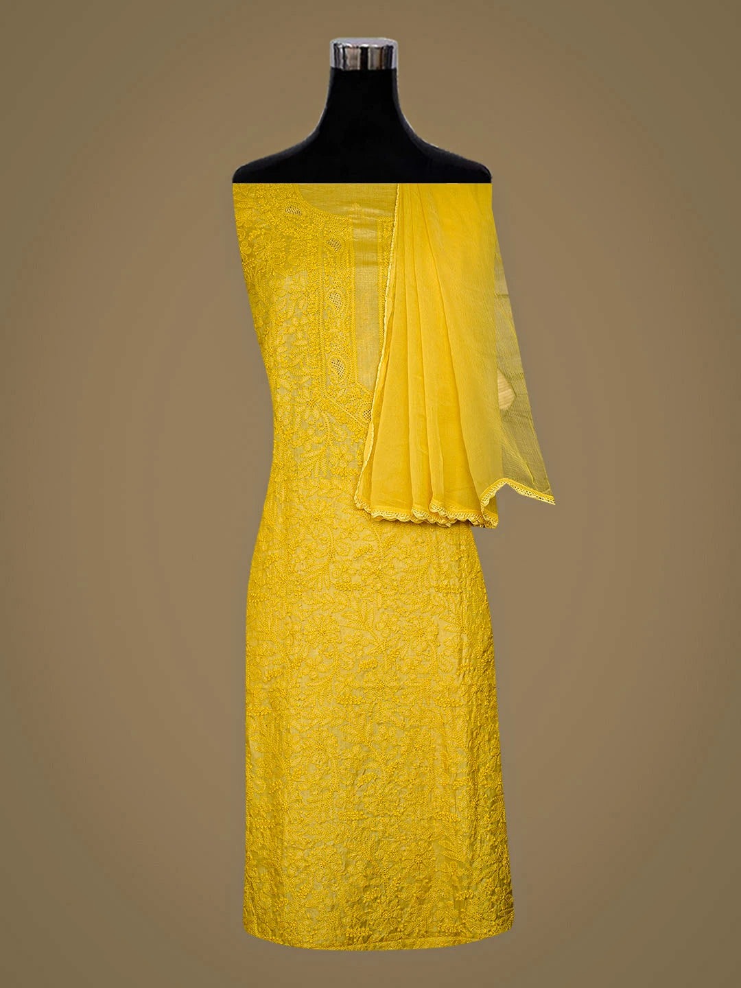 Ada Hand Embroidered Mustard Yellow Silk Lucknowi Chikankari Unstitched Suit Piece 01A965273